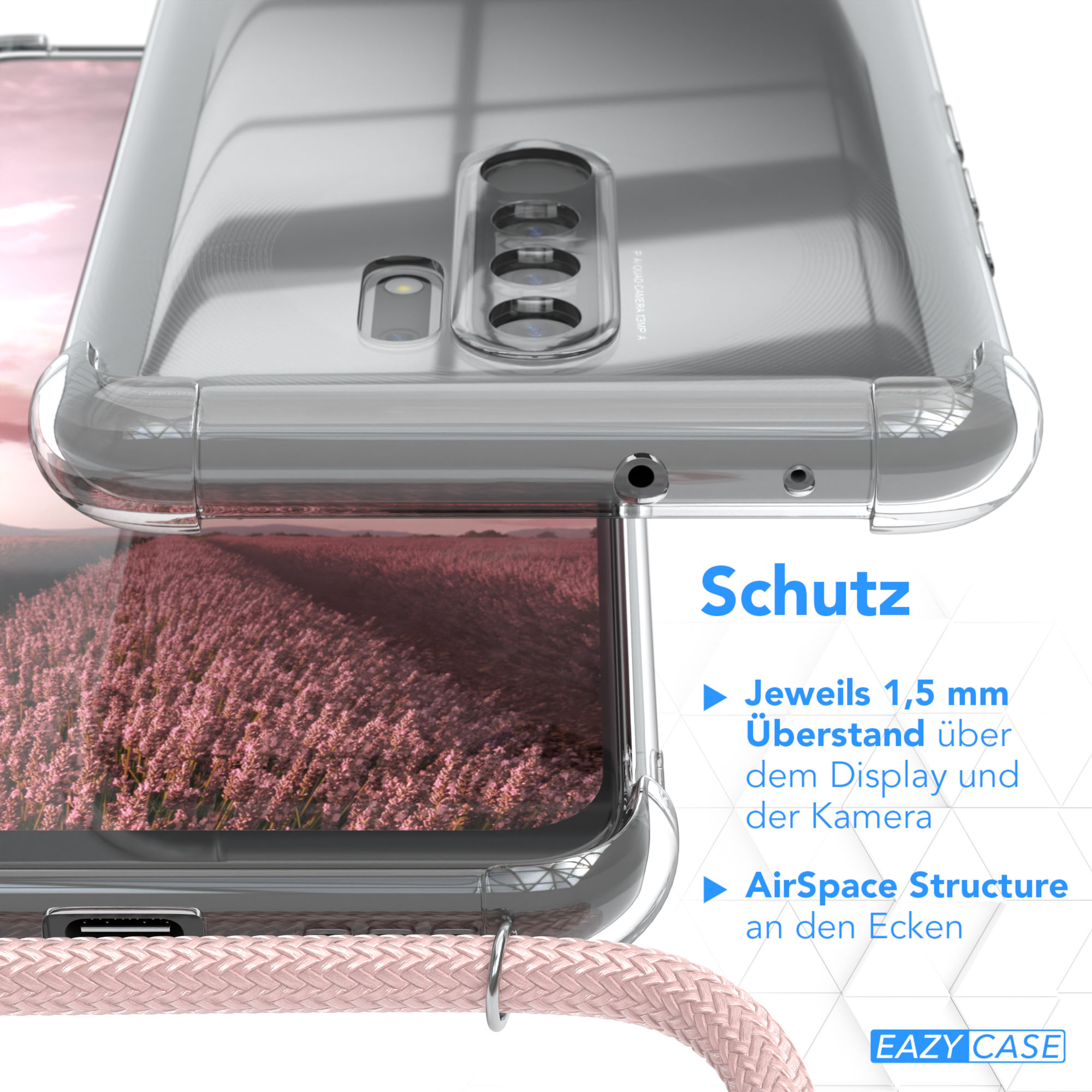Nahaufnahme einer Handyhülle mit Lavendelfeld im Hintergrund. Text über Schutzmerkmale.