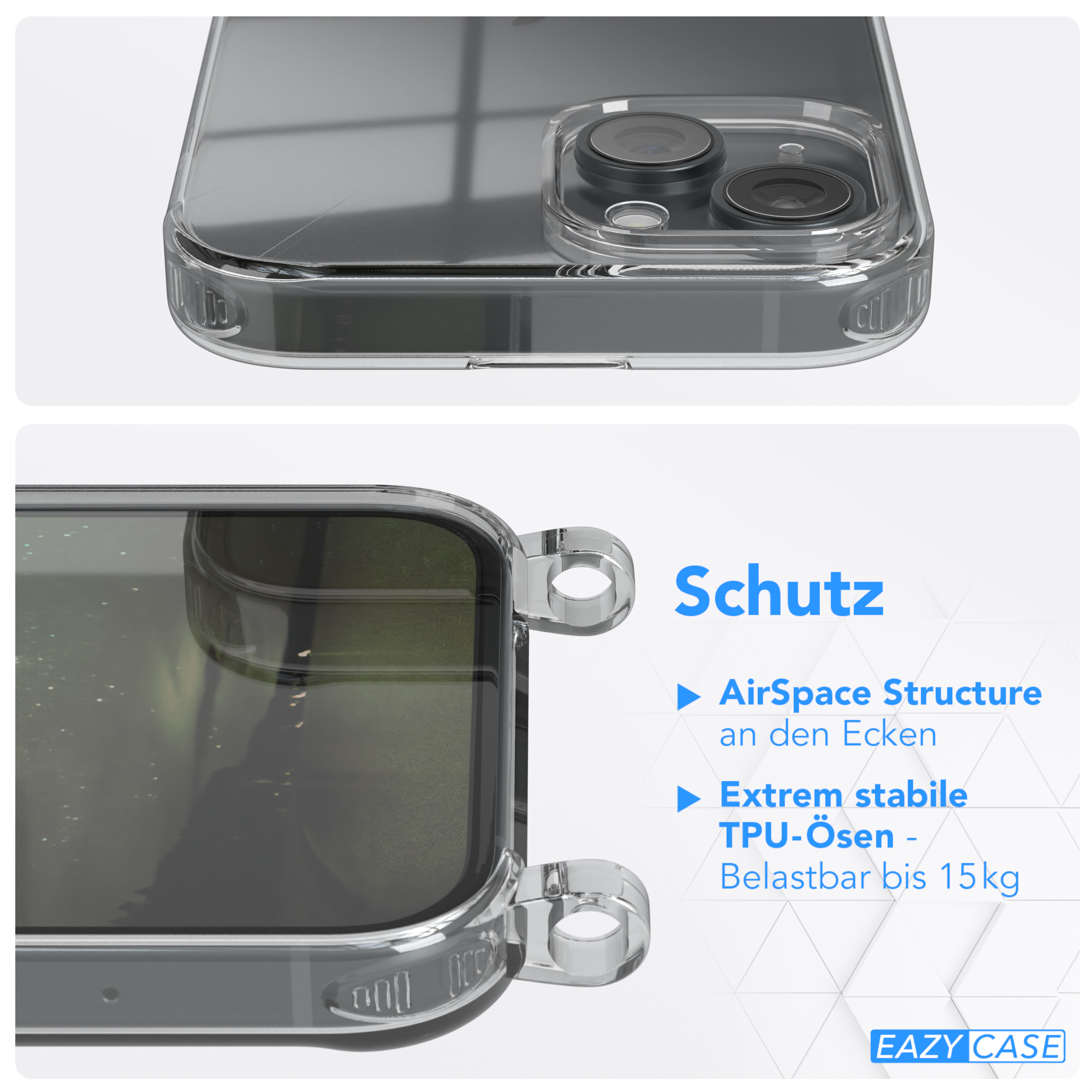 Klare Handyhülle Detail. Nahaufnahme zeigt den Rand. Text: Schutz, AirSpace Structure, Extrem stabile TPU-Ösen.