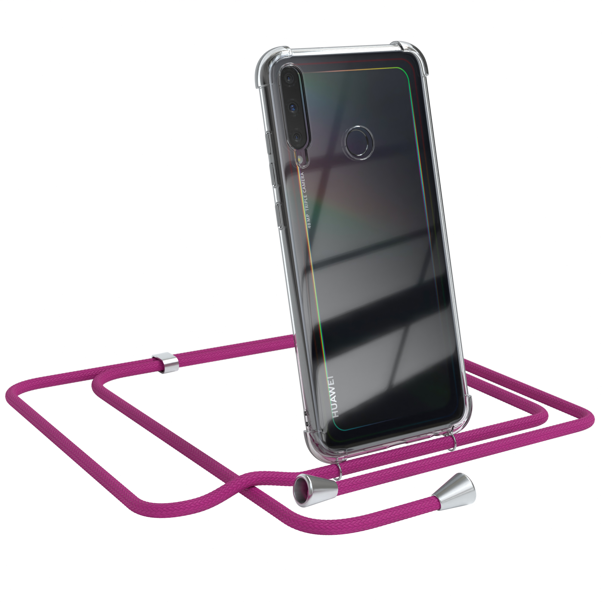 Transparente Handyhülle mit magenta Kabel. Telefon lehnt. Huawei Logo. Weiß.