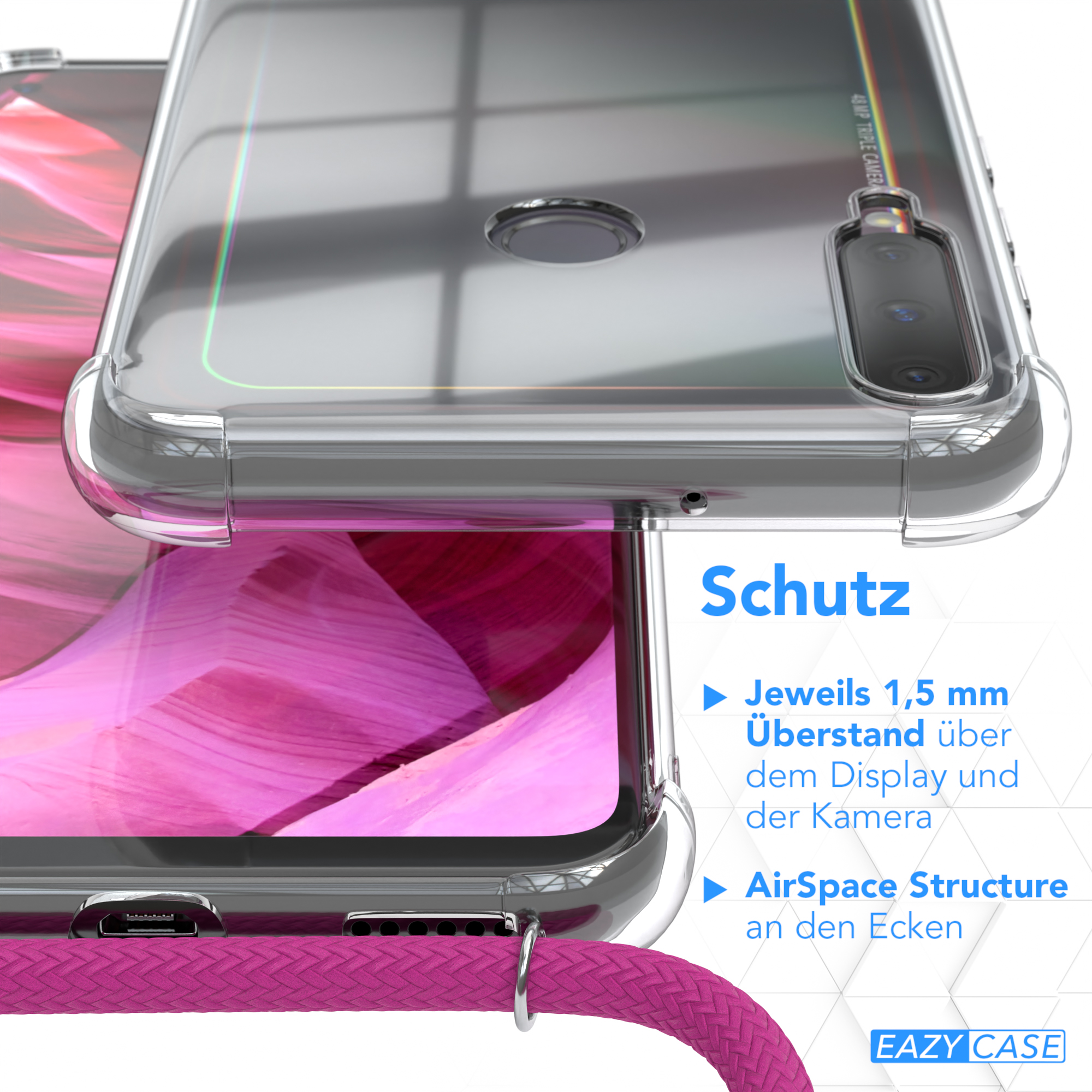 Nahaufnahme einer Handyhülle mit pinkfarbenem Band. Die Telefonmerkmale sind sichtbar.
