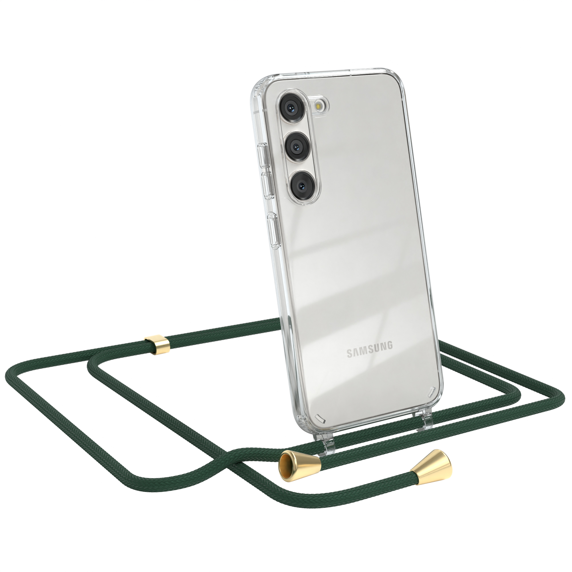 Transparente Handyhülle mit grünem Band. Samsung-Logo sichtbar. Goldakzente. Weißer Hintergrund.