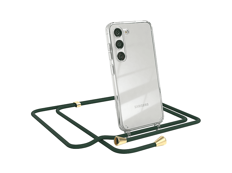 EAZY CASE Clear Cover / Umhängetasche, Galaxy Gold Samsung, Clips mit Grün Umhängeband, S23