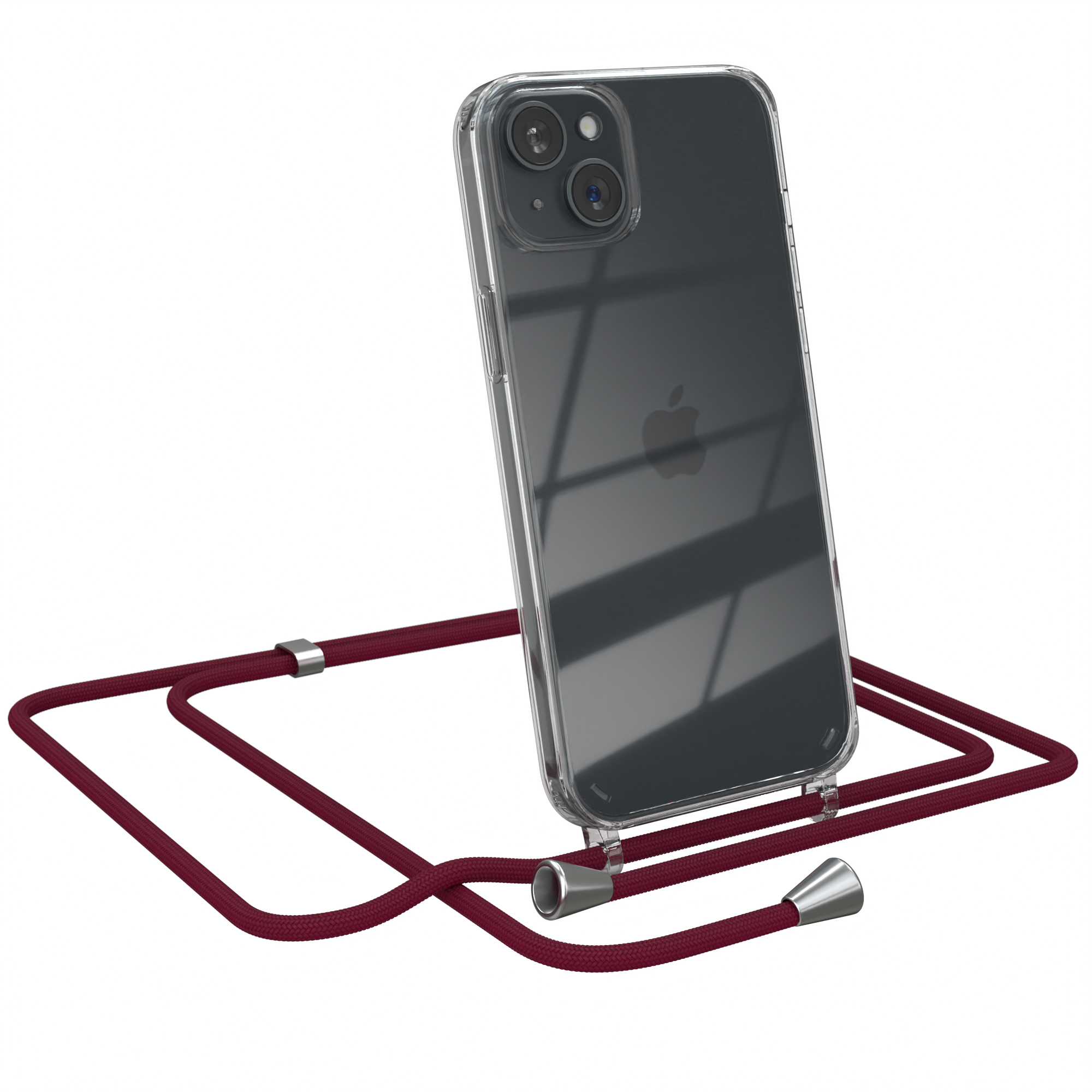 Transparente Handyhülle mit Telefon und weinrotem Umhängeband.