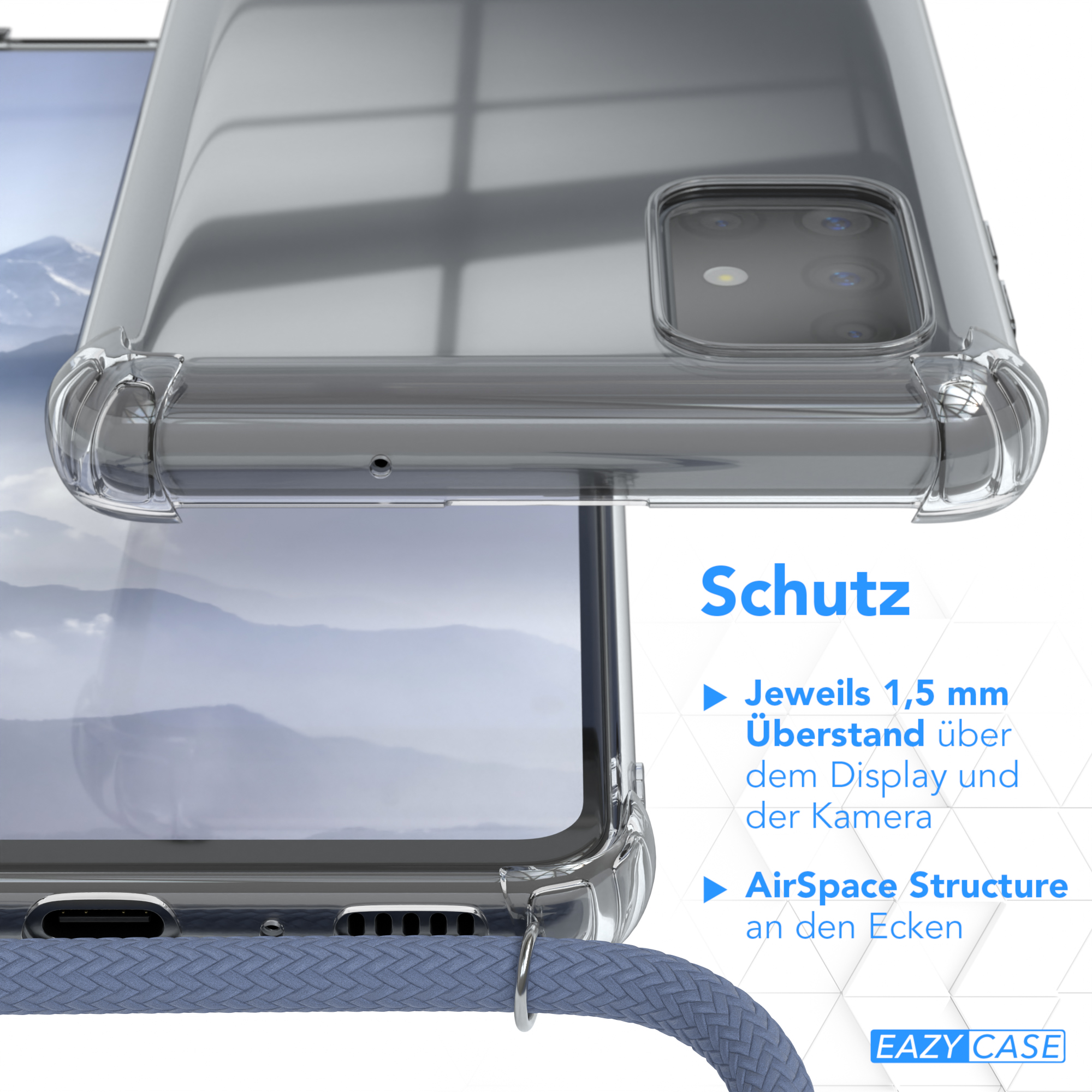 Transparente Handyhülle über einem Telefon. Text sagt 'Schutz' und Details zur Hülle.