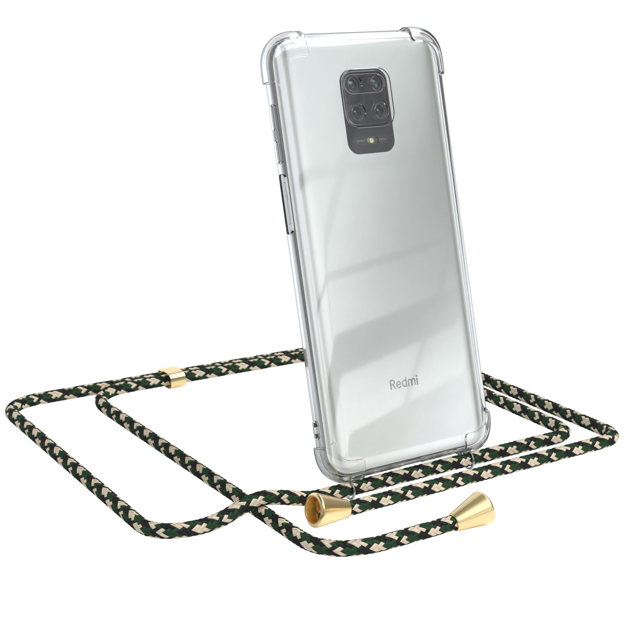 Transparente Handyhülle mit grün-schwarzem Kordel. Redmi-Telefon sichtbar. Weißer Hintergrund.