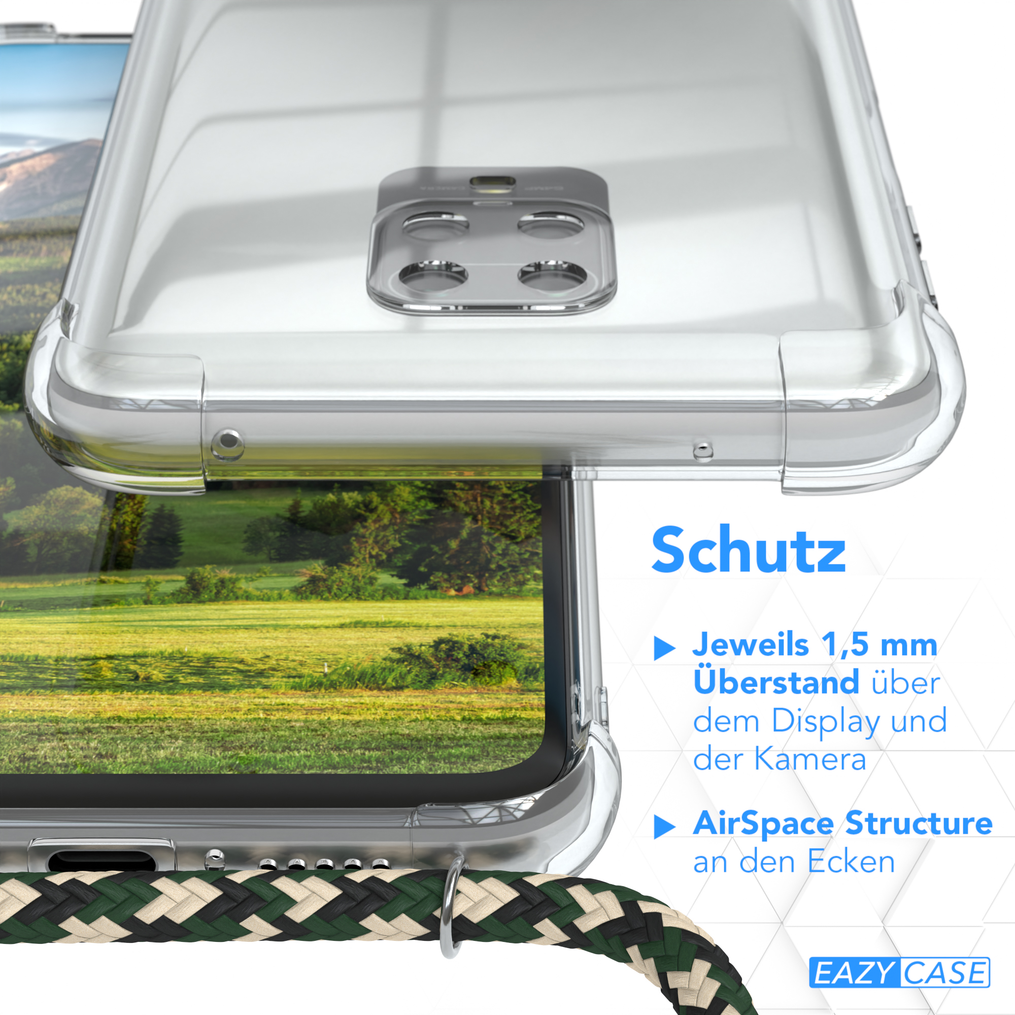 Klare Handyhülle Detail. Zeigt Schutzfunktionen wie erhöhte Kanten und Eckenschutz.