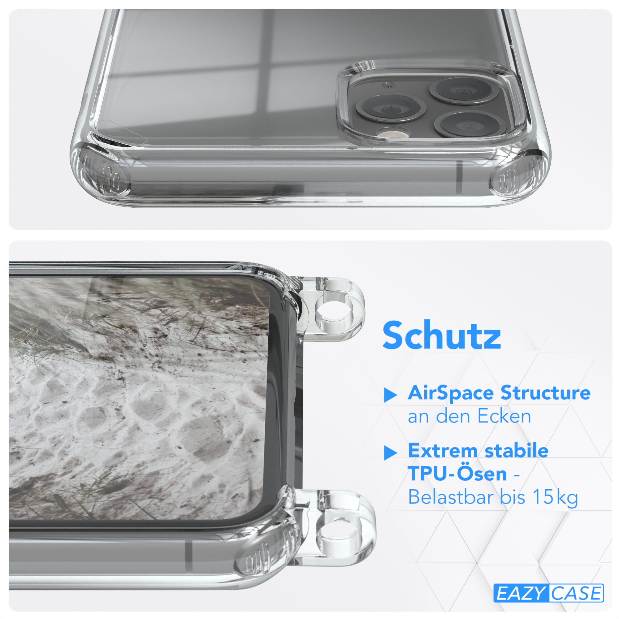 Nahaufnahme einer Handyhülle. Text: Schutz. Eigenschaften: AirSpace Structure, TPU-Ösen.