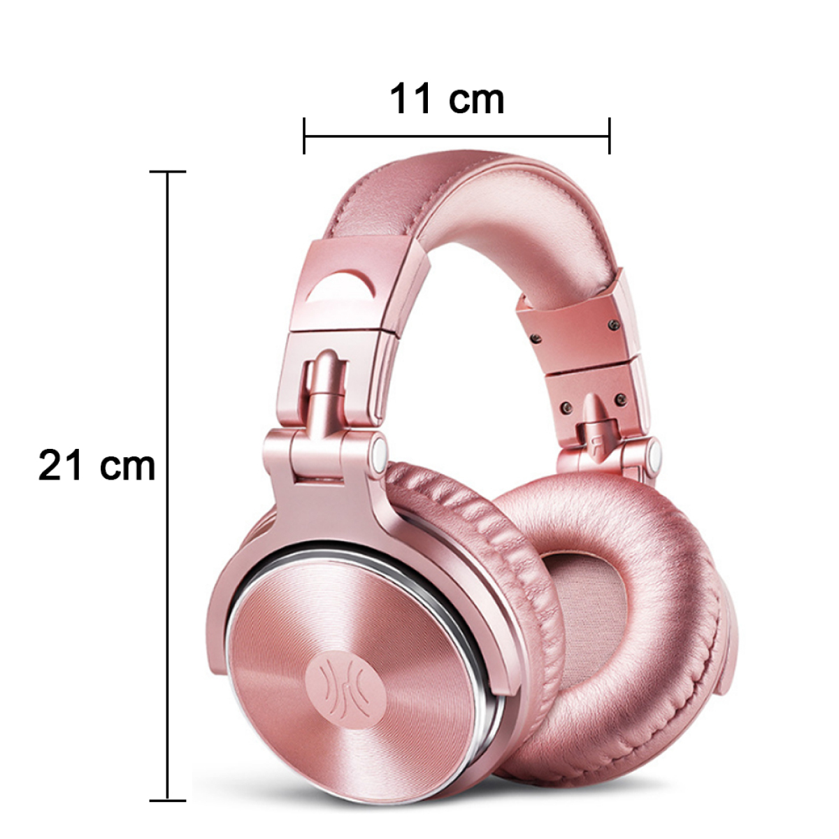 Roségoldene Kopfhörer mit den Maßen 21 cm hoch und 11 cm breit, vor weißem Hintergrund.