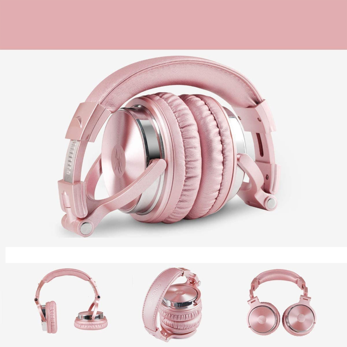Rosa Kopfhörer mit Metallic-Finish. Gefaltet. Zusätzliche Ansichten zeigen gefaltete und entfaltete Zustände.