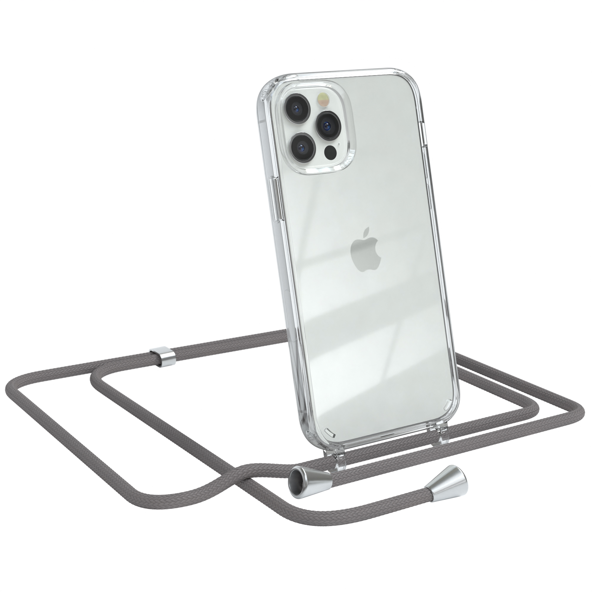 Transparente Handyhülle mit einem grauen Lanyard.