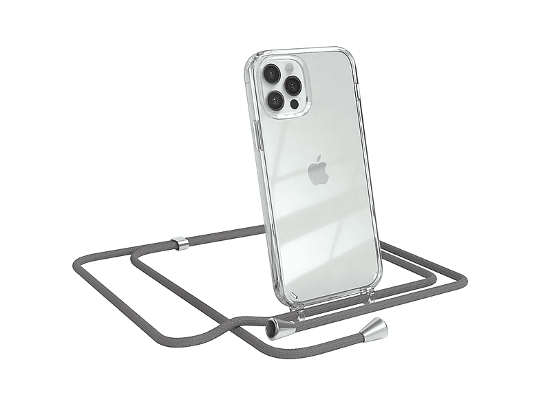 EAZY CASE Clear Cover mit Umhängeband, Umhängetasche, Apple, iPhone 12 / 12 Pro, Grau / Clips Silber