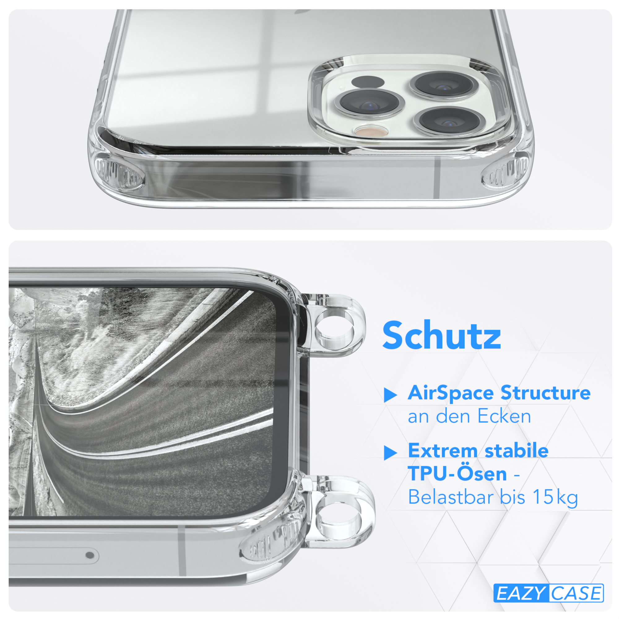 Transparente Handyhülle auf einem Telefon. Text hebt Schutzfunktionen wie erhöhte Kanten und Eckenschutz hervor.