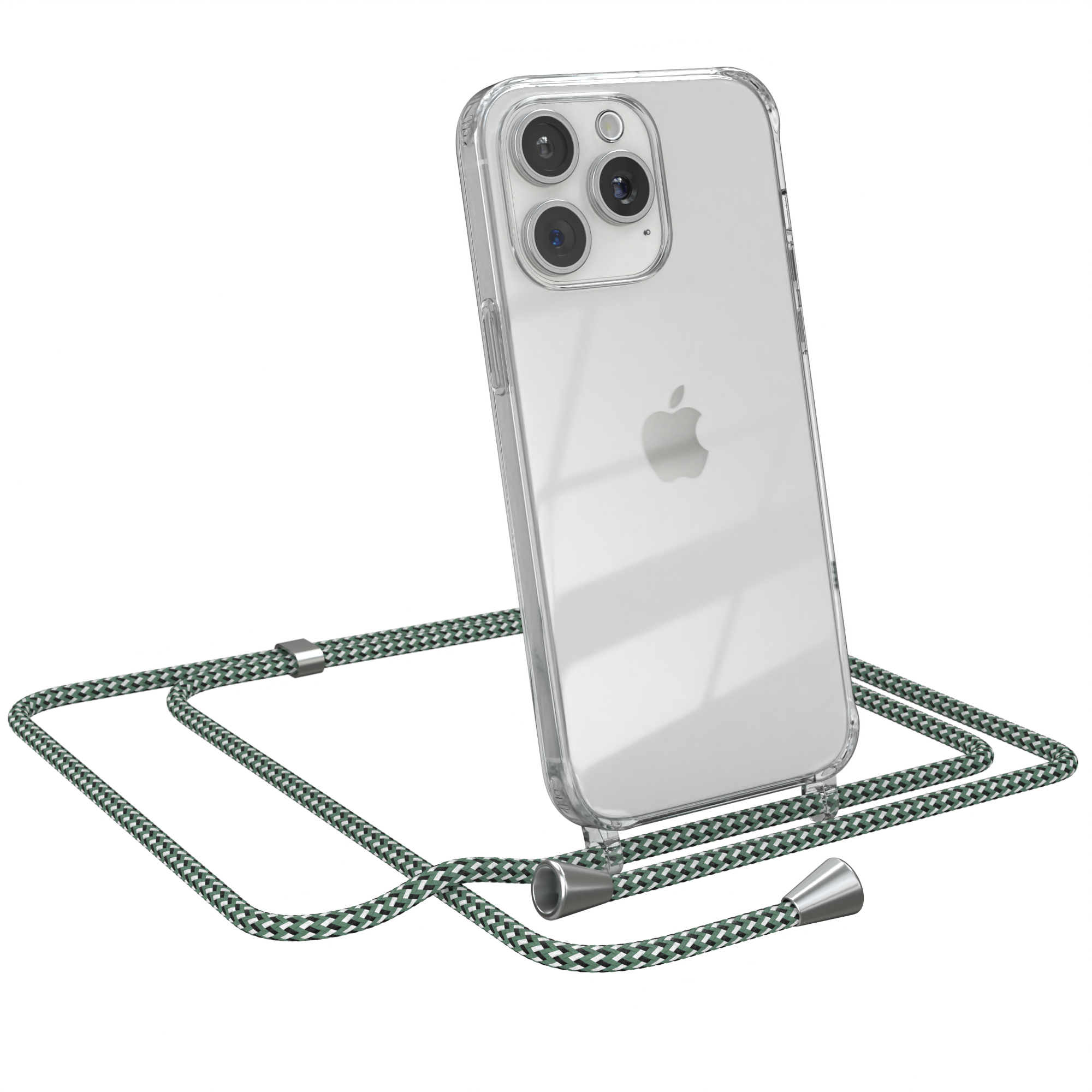 Transparente Handyhülle mit grünem Kordel. Apple-Logo. Weißer Hintergrund.