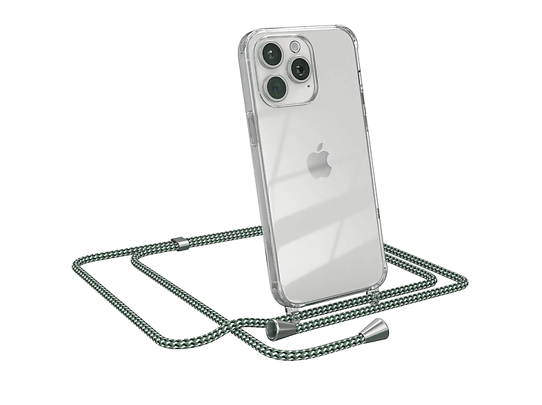 EAZY CASE Clear Cover mit Umhängeband, Umhängetasche, Apple, iPhone 15 Pro Max, Grün Weiß