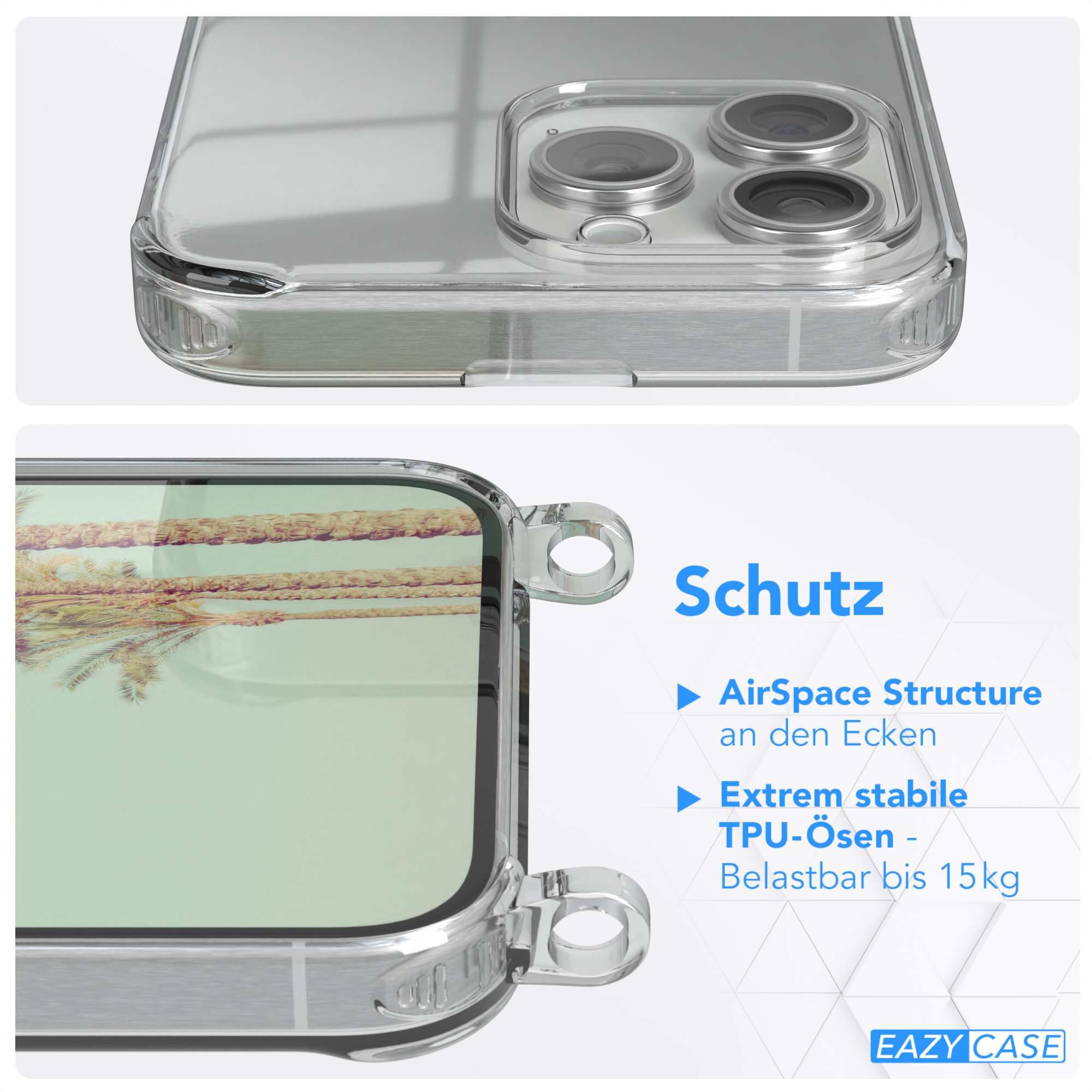 Nahaufnahme Handyhülle. Text: Schutz. Merkmale: AirSpace-Struktur, stabile TPU-Ösen.