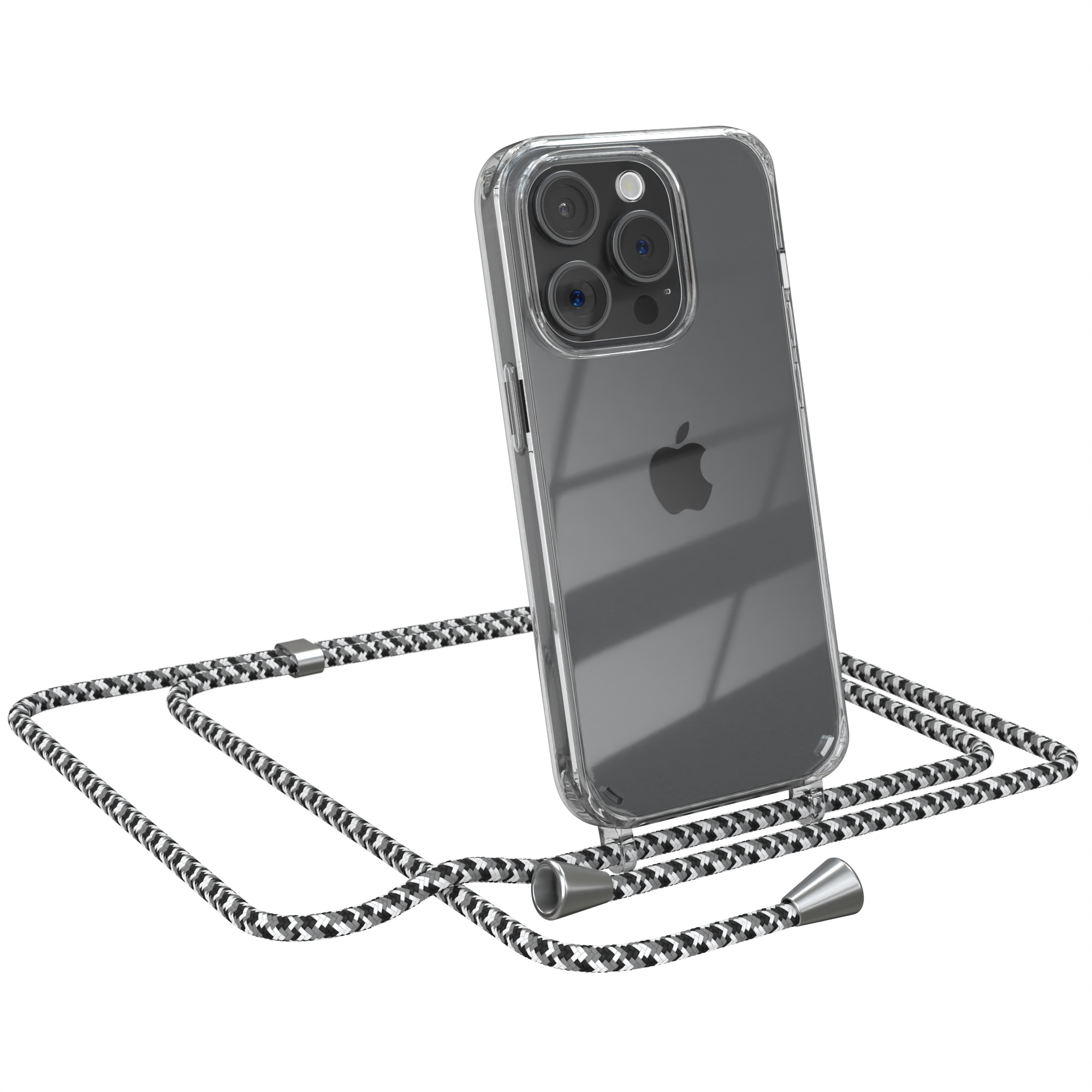 Transparente Handyhülle mit schwarz-weißem Umhängeband. Apple-Telefon abgewinkelt.