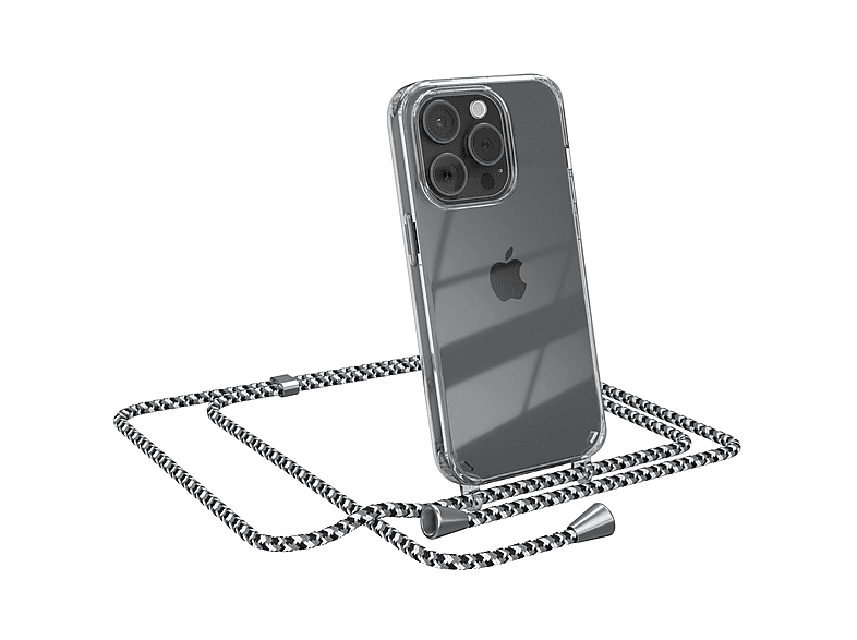 EAZY CASE Clear Cover mit Umhängeband, Umhängetasche, Apple, iPhone 15 Pro, Schwarz Camouflage / Clips Silber