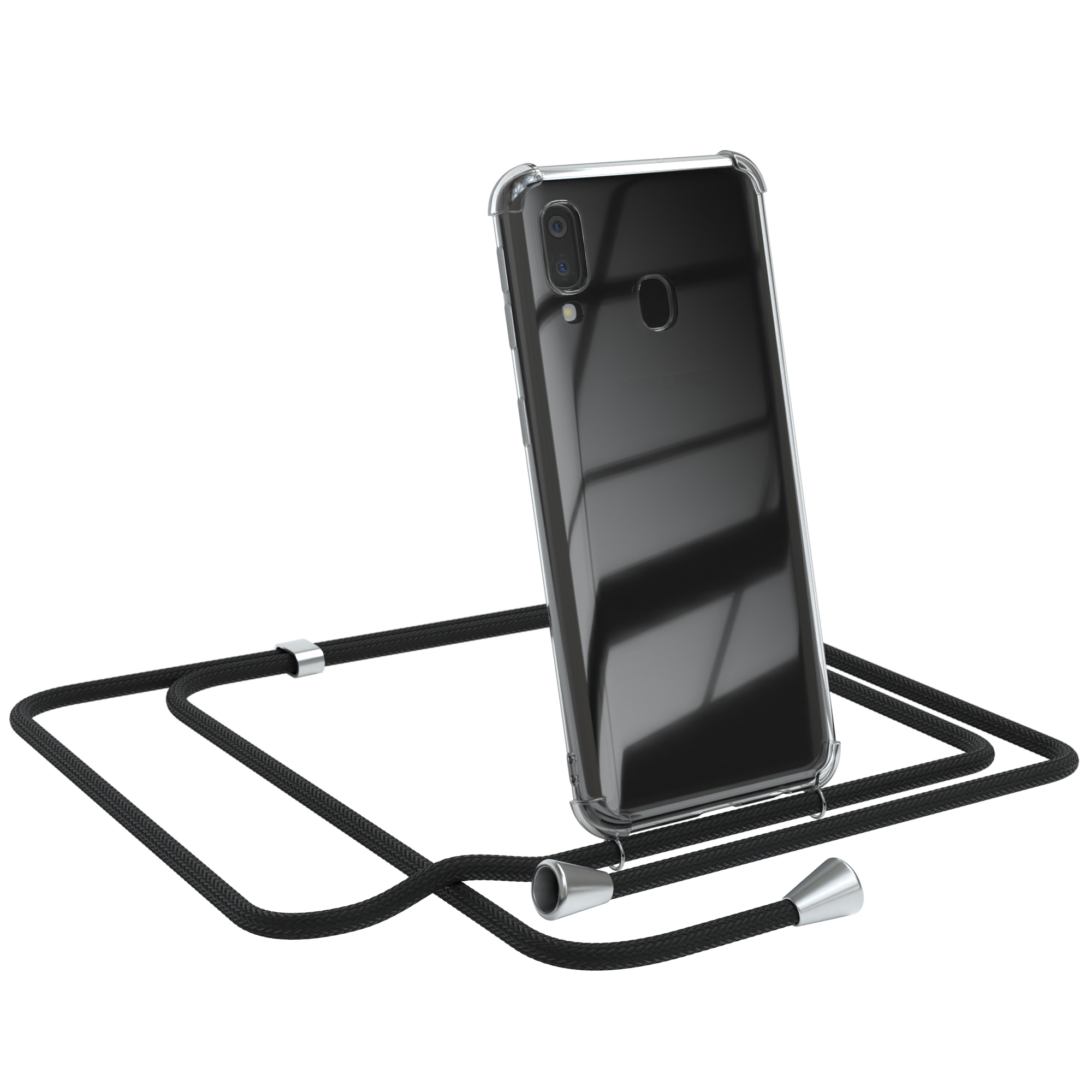 Schwarze Handyhülle mit schwarzem Seil. Samsung-Handy. Weißer Hintergrund.