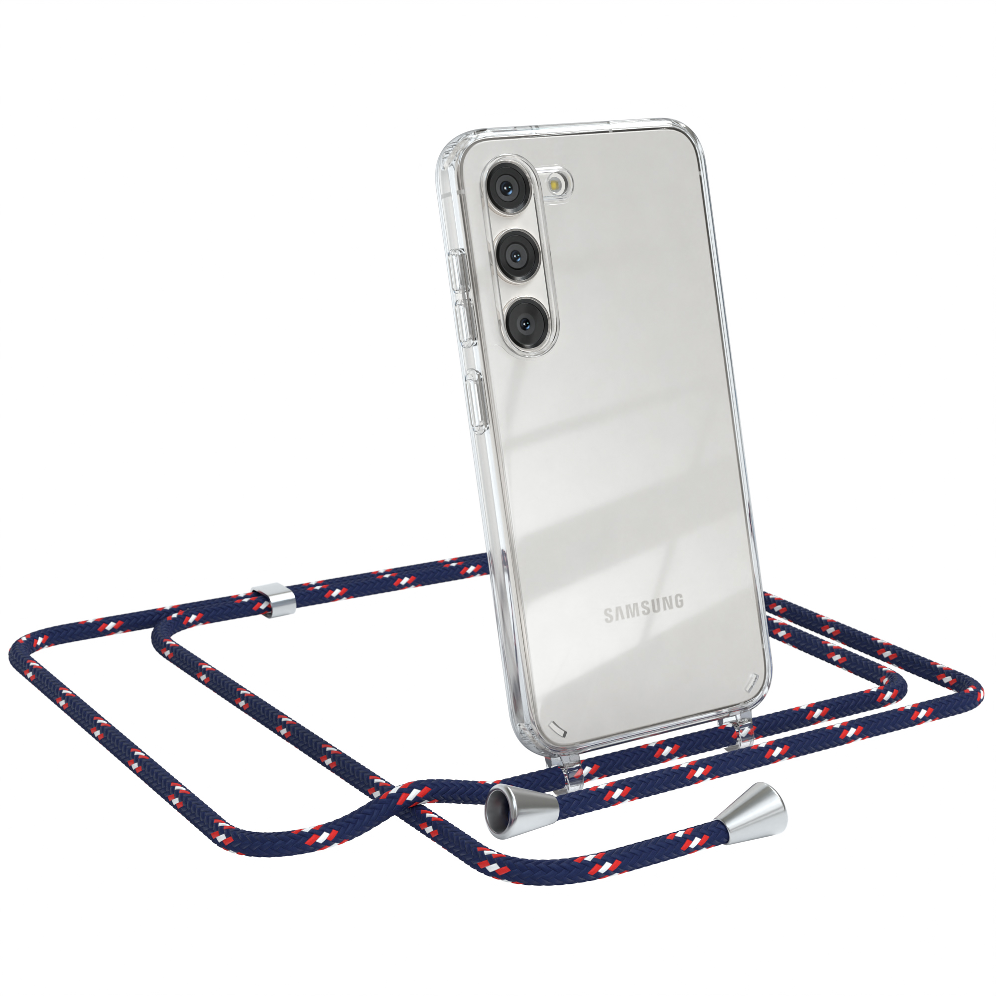 Transparente Hülle, gemustertes Band. Samsung-Telefon sichtbar. Weißer Hintergrund.