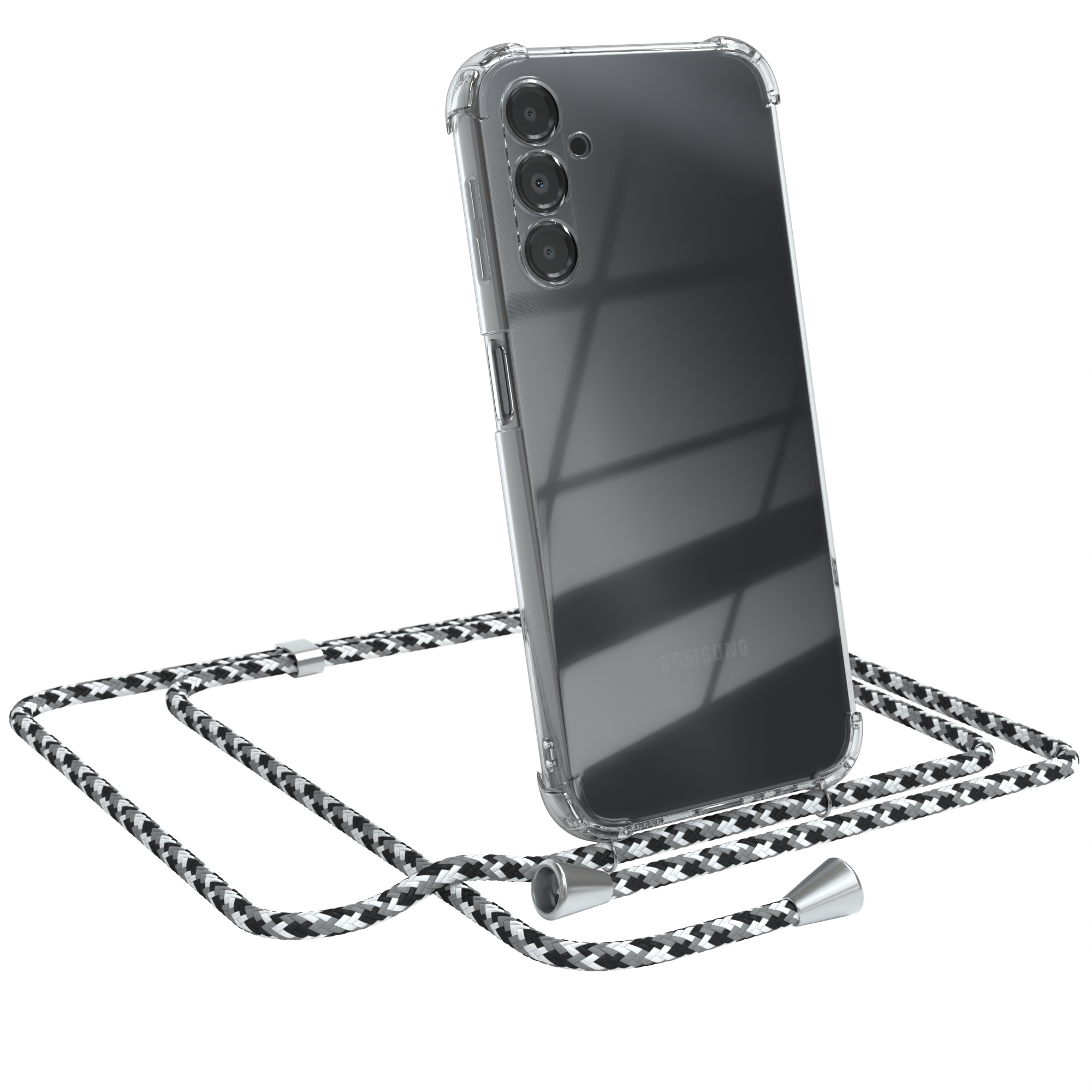 Transparente Handyhülle mit schwarz-weißem Umhängeband. Samsung. Weißer Hintergrund.