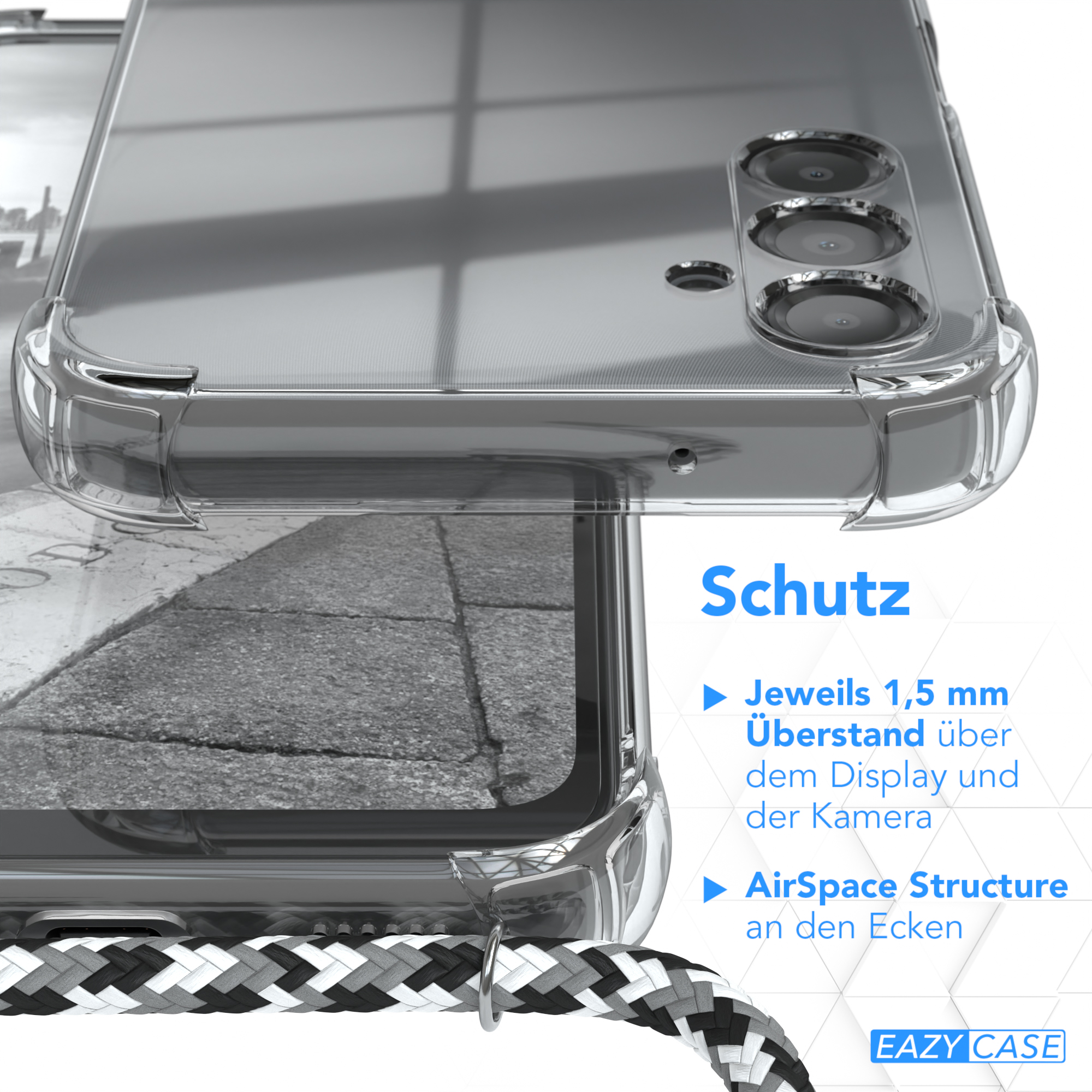 Nahaufnahme einer durchsichtigen Handyhülle. Das Gehäuse schützt das Telefon. Das Gehäuse schützt die Kamera.