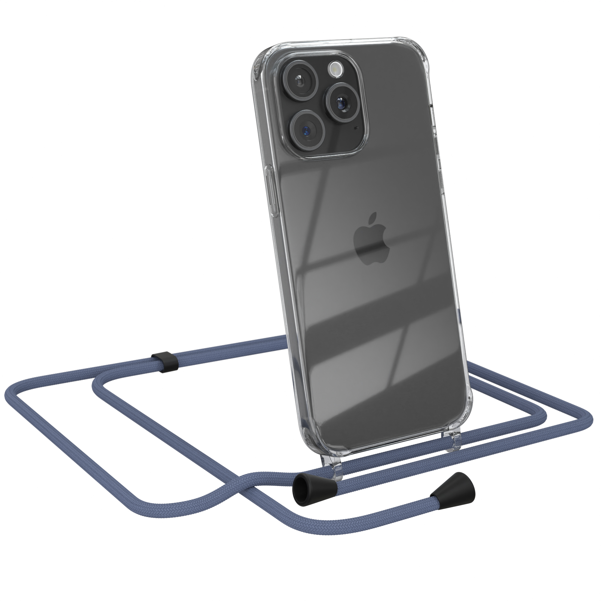 Transparente Handyhülle mit blauem Band. Apple-Logo sichtbar. Weißer Hintergrund.
