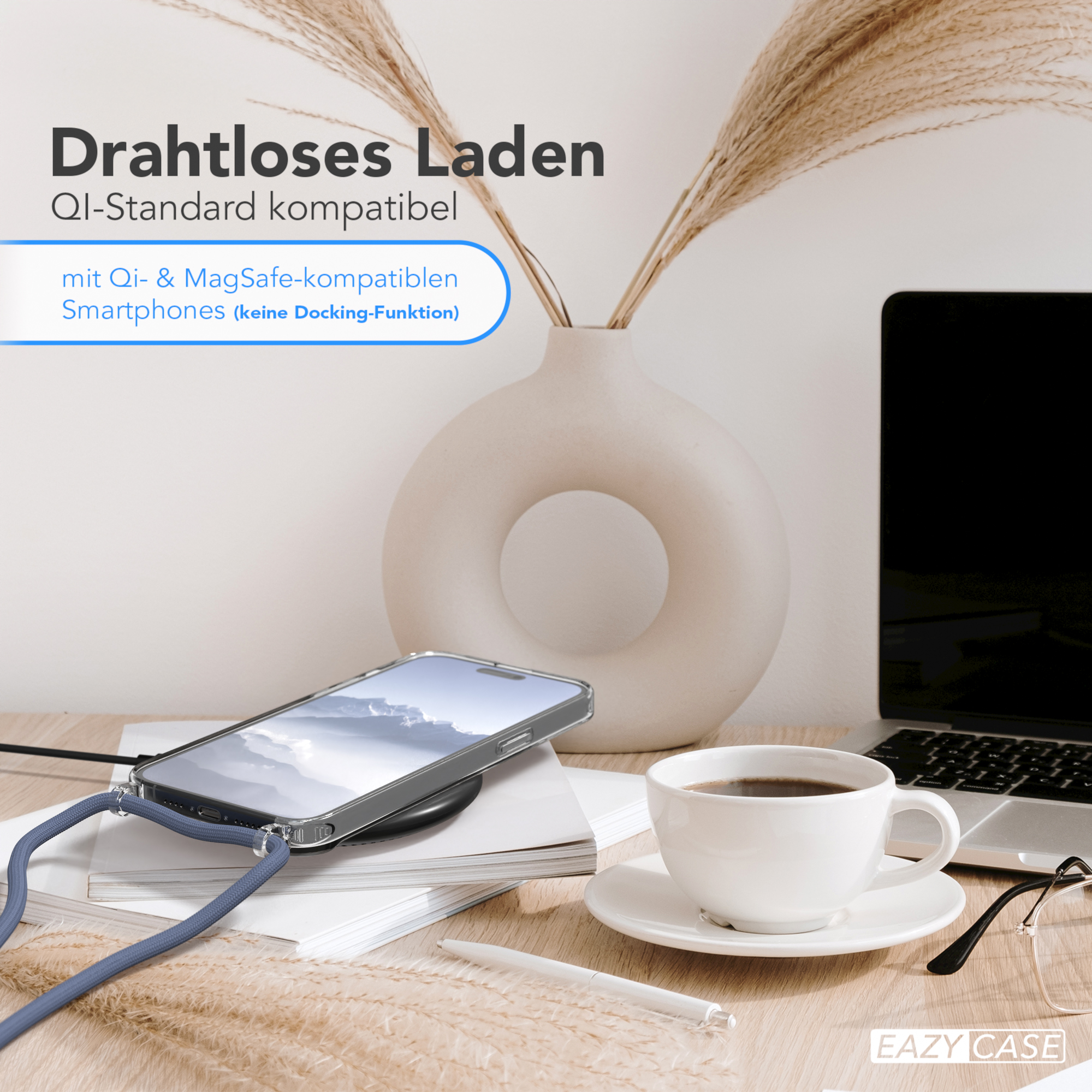 Telefon auf kabellosem Ladegerät, mit Kaffeetasse, Laptop und Text 'Drahtloses Laden'.