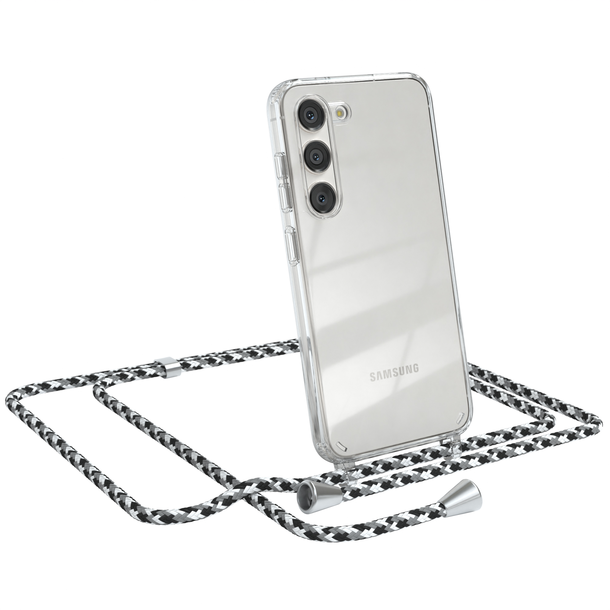 Transparente Handyhülle mit grau-weißer Kordel. Telefon hat ein Samsung-Logo.