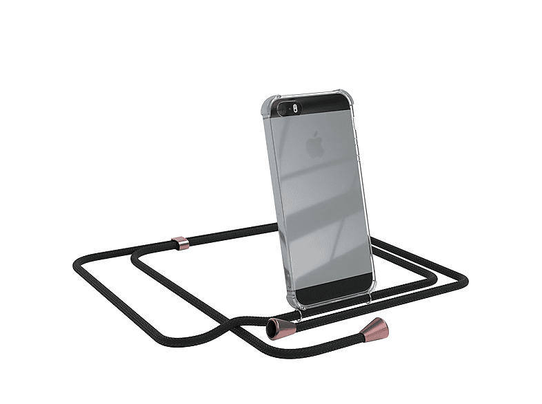 EAZY CASE Clear Cover mit Umhängeband, Umhängetasche, Apple, iPhone SE 2016, iPhone 5 / 5S, Schwarz / Clips Rosé