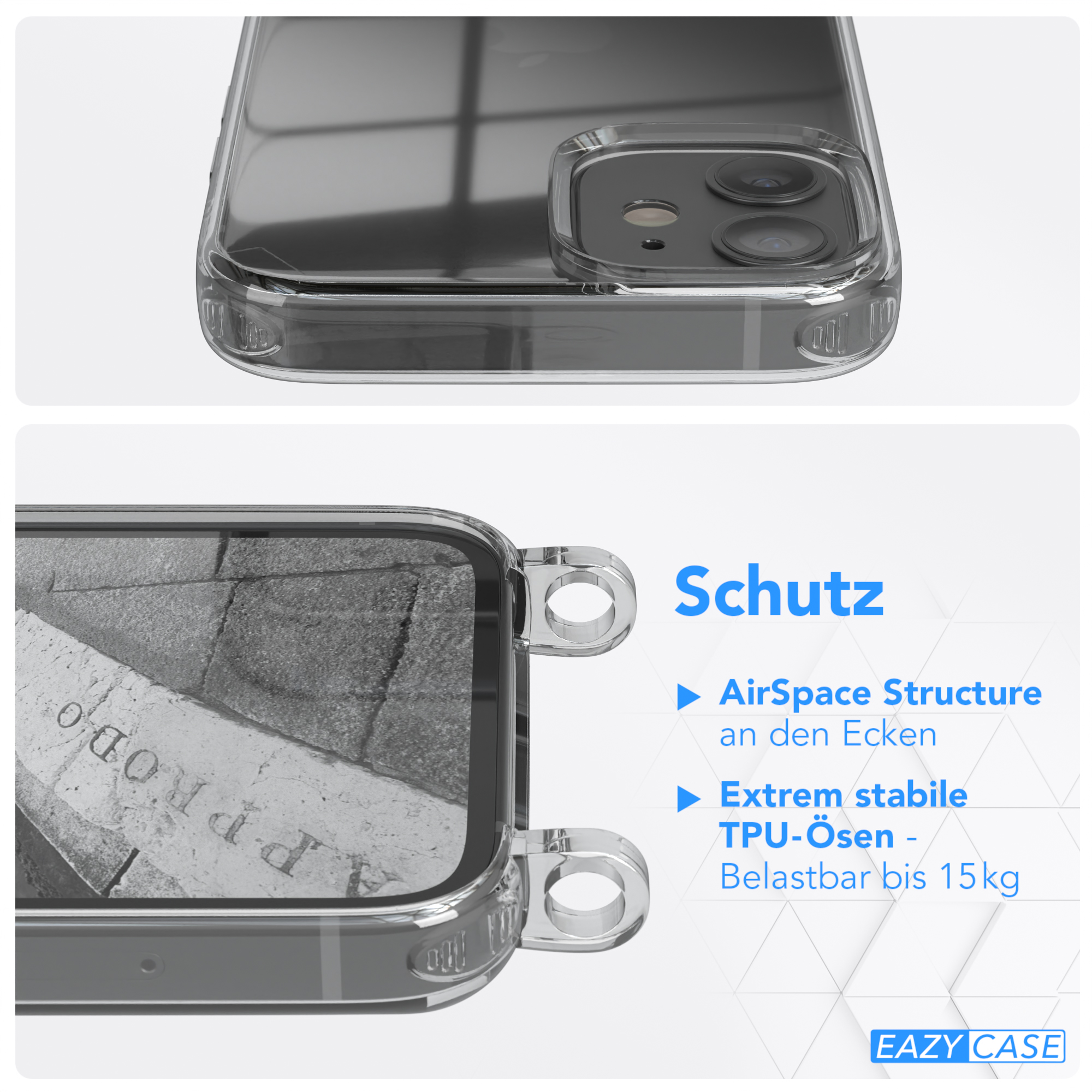Nahaufnahme einer Handyhülle mit Text. Die Hülle hat Schutzecken und ist transparent.