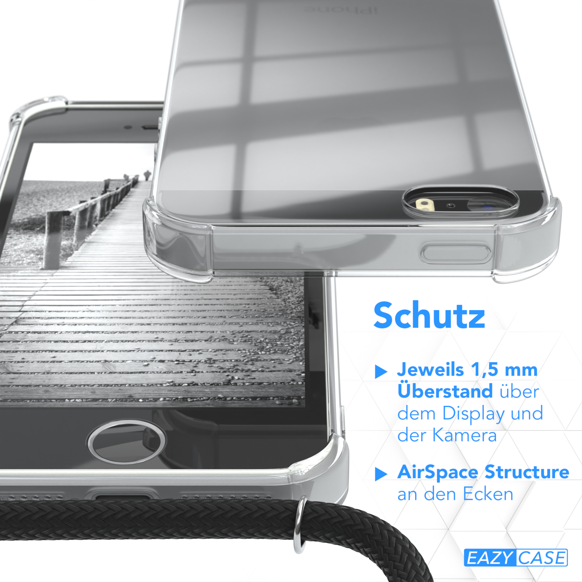 Klare Handyhülle Detail. Zeigt Schutzfunktionen mit dem Telefon im Inneren. Der Hintergrund ist eine Holzbrücke.