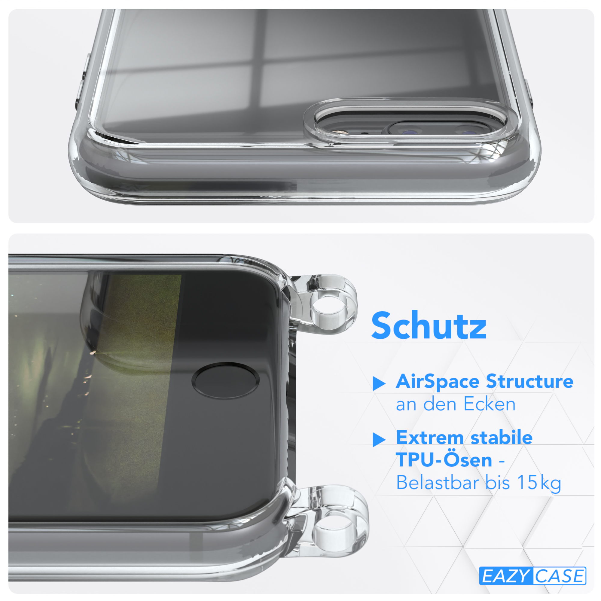 Eine transparente Handyhülle. Es gibt Text über Schutz. Die Hülle zeigt den Bildschirm des Telefons.