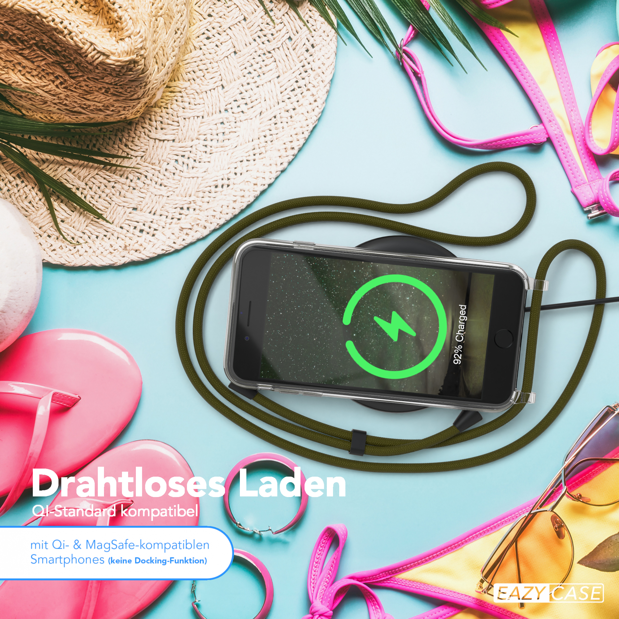 Telefon lädt kabellos, grüner Blitz, Strandaccessoires.