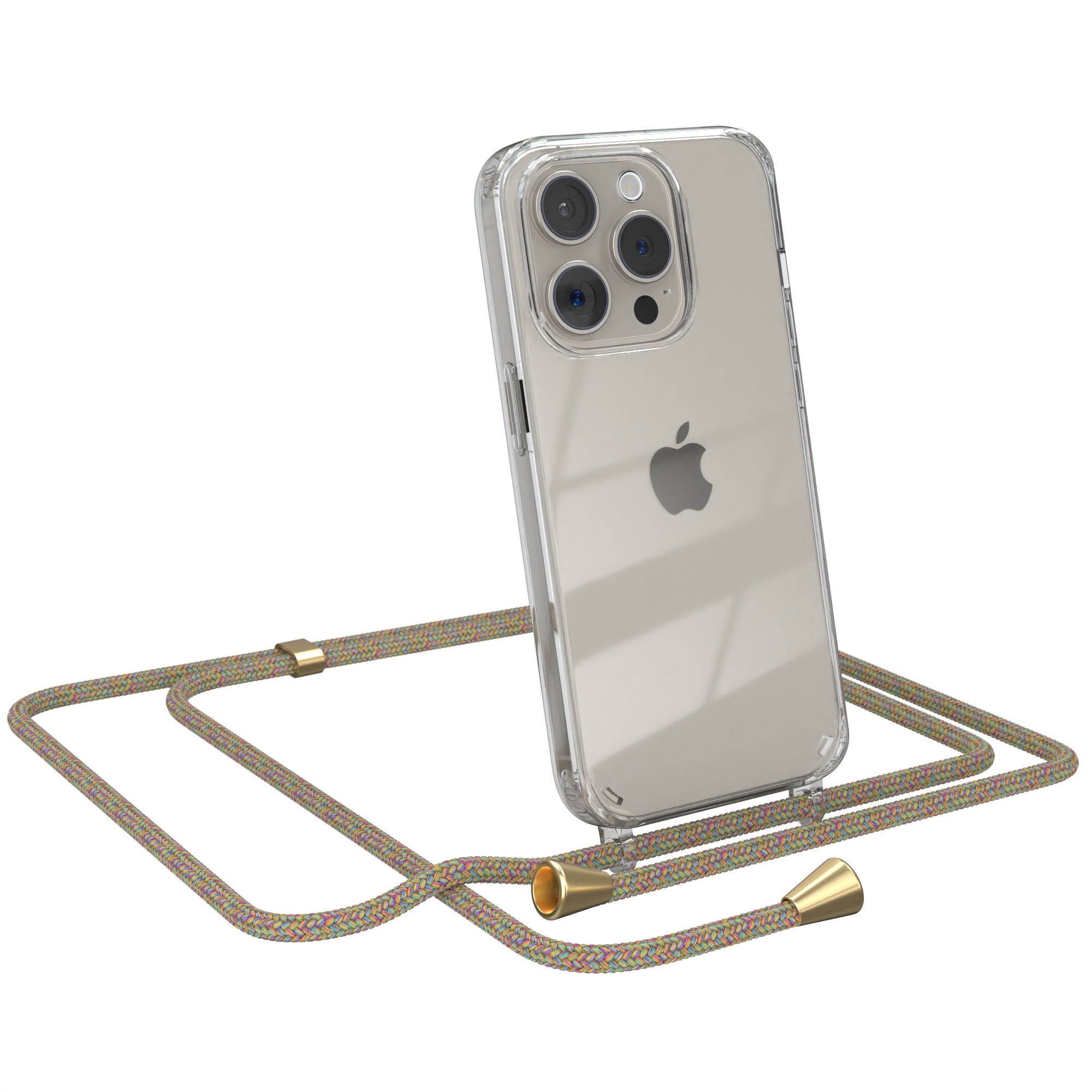 Transparente Handyhülle mit mehrfarbigem Kordel. Apple iPhone Rückseite sichtbar. Telefon ist angewinkelt.