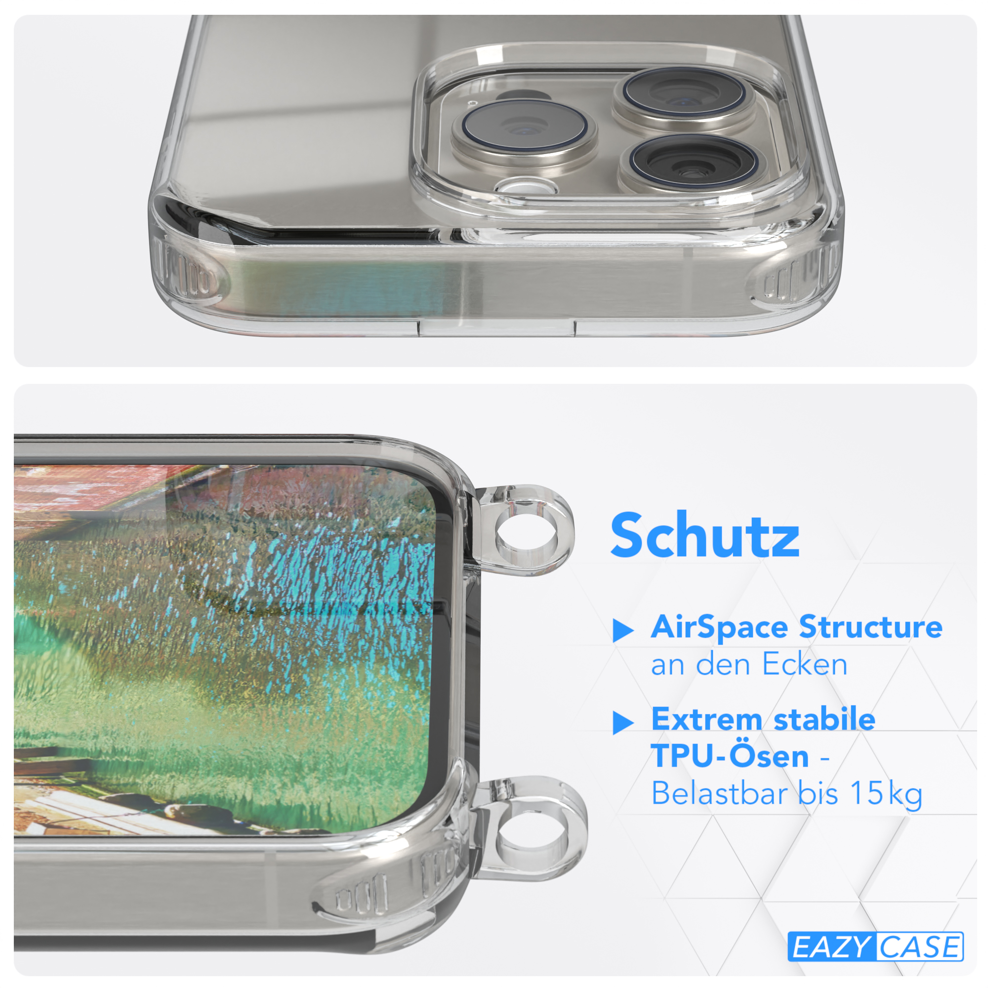 Transparente Handyhülle. Text sagt Schutz. Detailaufnahme der Hülle.