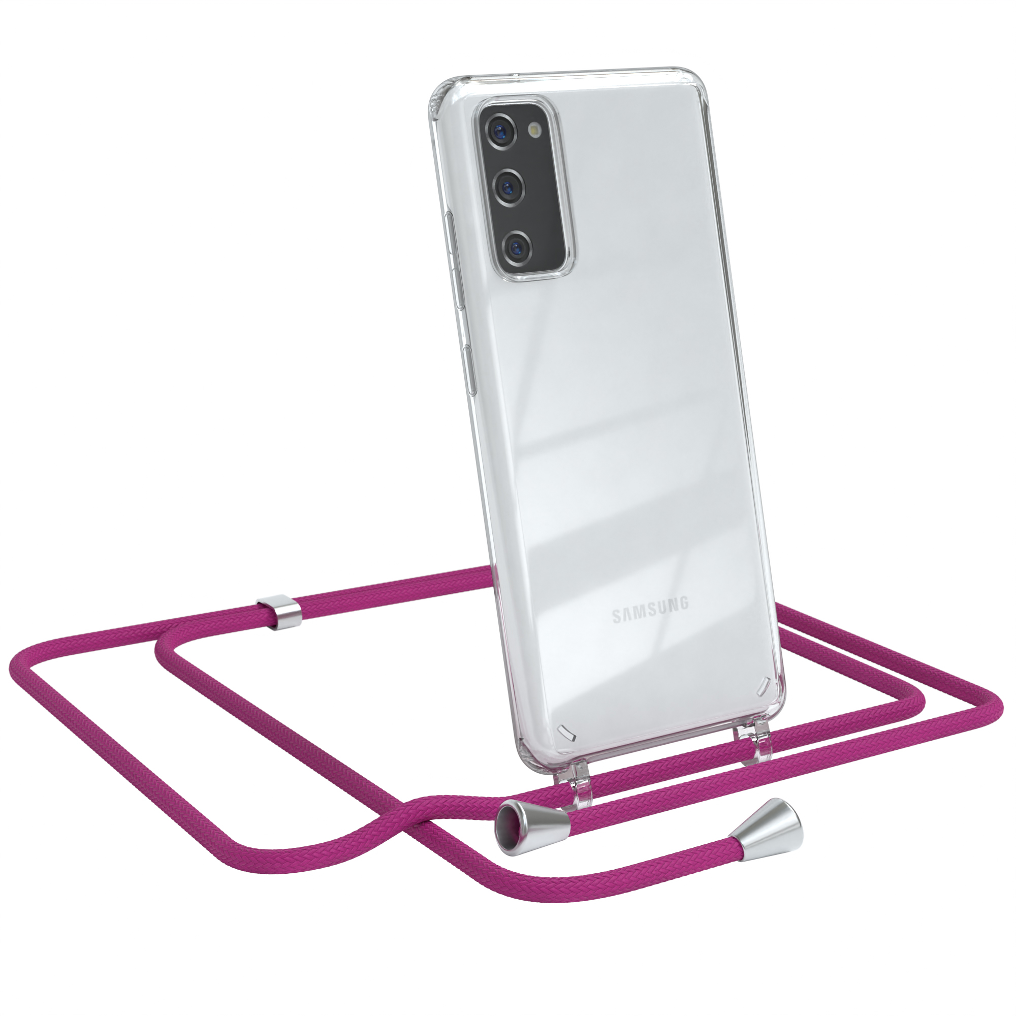 Telefon in transparenter Hülle mit magentafarbenem Umhängeband. Samsung-Logo sichtbar.