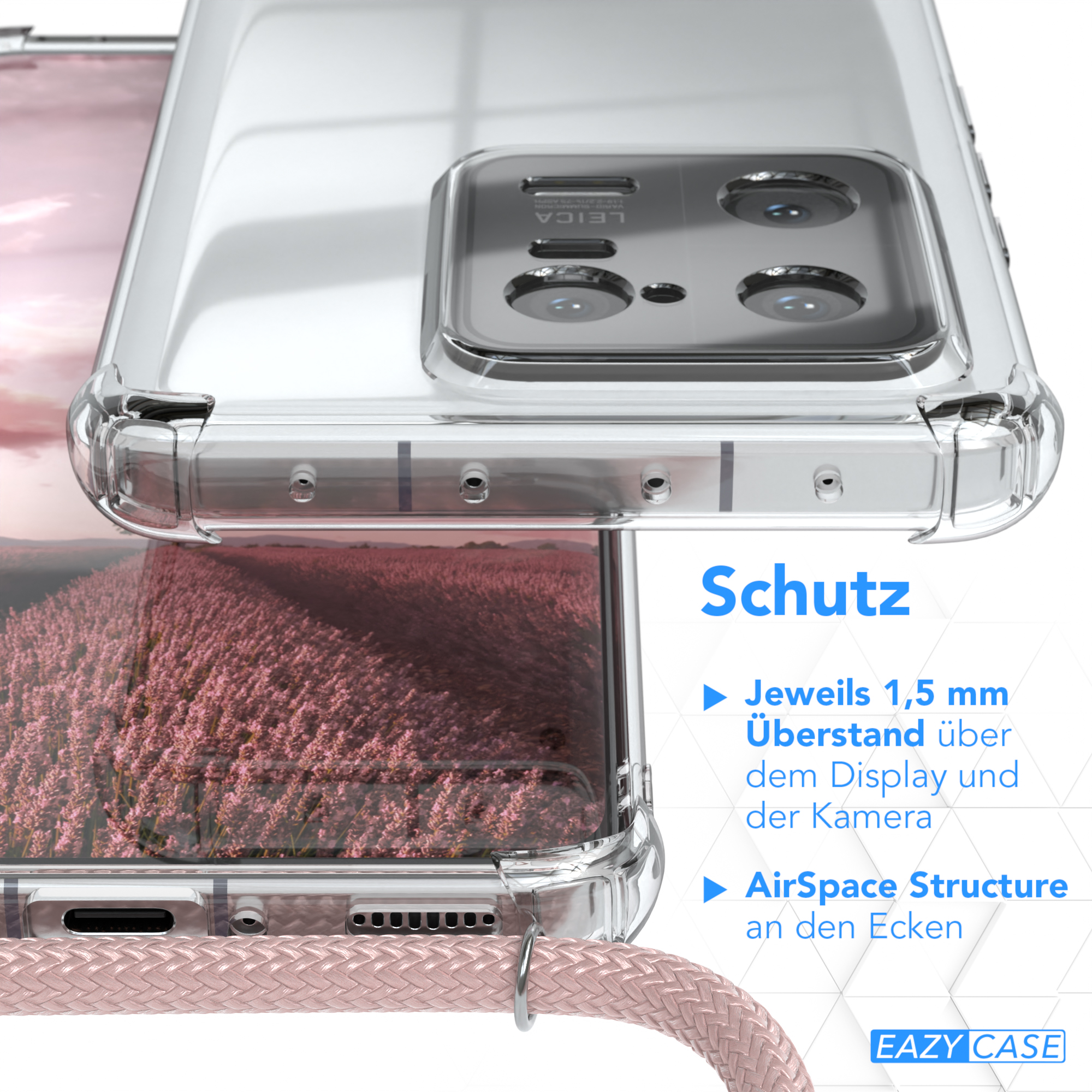 Rosé Umhängetasche, Pro, Silber Cover mit / CASE Umhängeband, Xiaomi, Clear 13 Clips EAZY