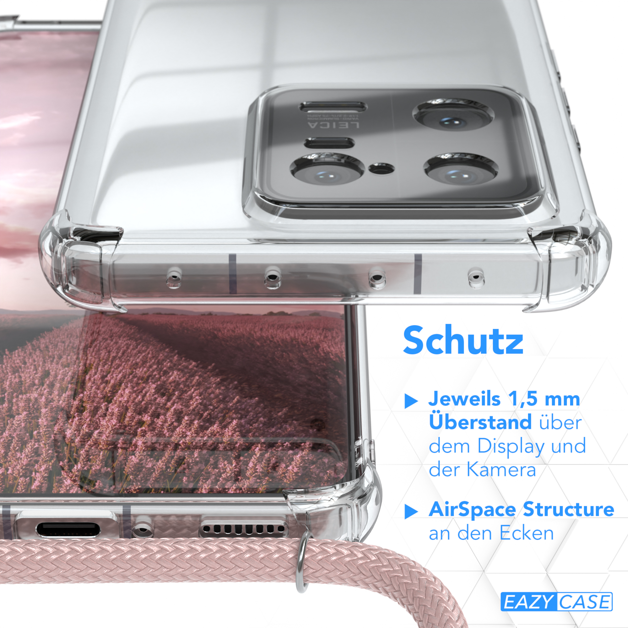 Nahaufnahme einer Handyhülle, Text beschreibt Funktionen. Die Hülle ist klar, das Telefon ist sichtbar.