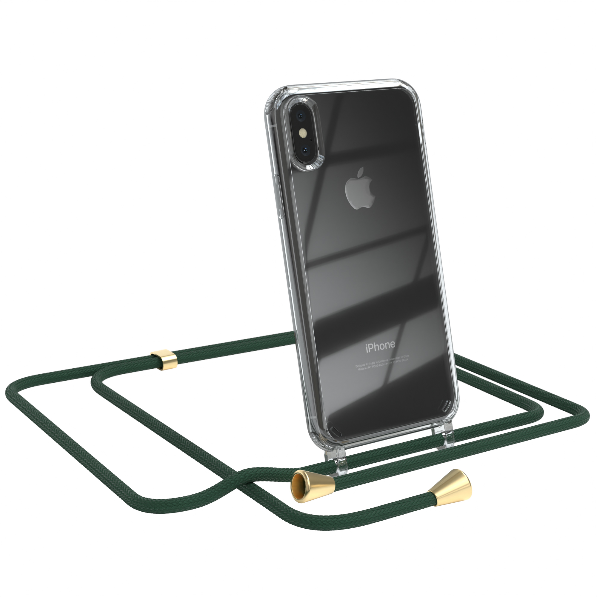 Klare Handyhülle mit grünem Lanyard. Ein iPhone befindet sich in der Hülle.