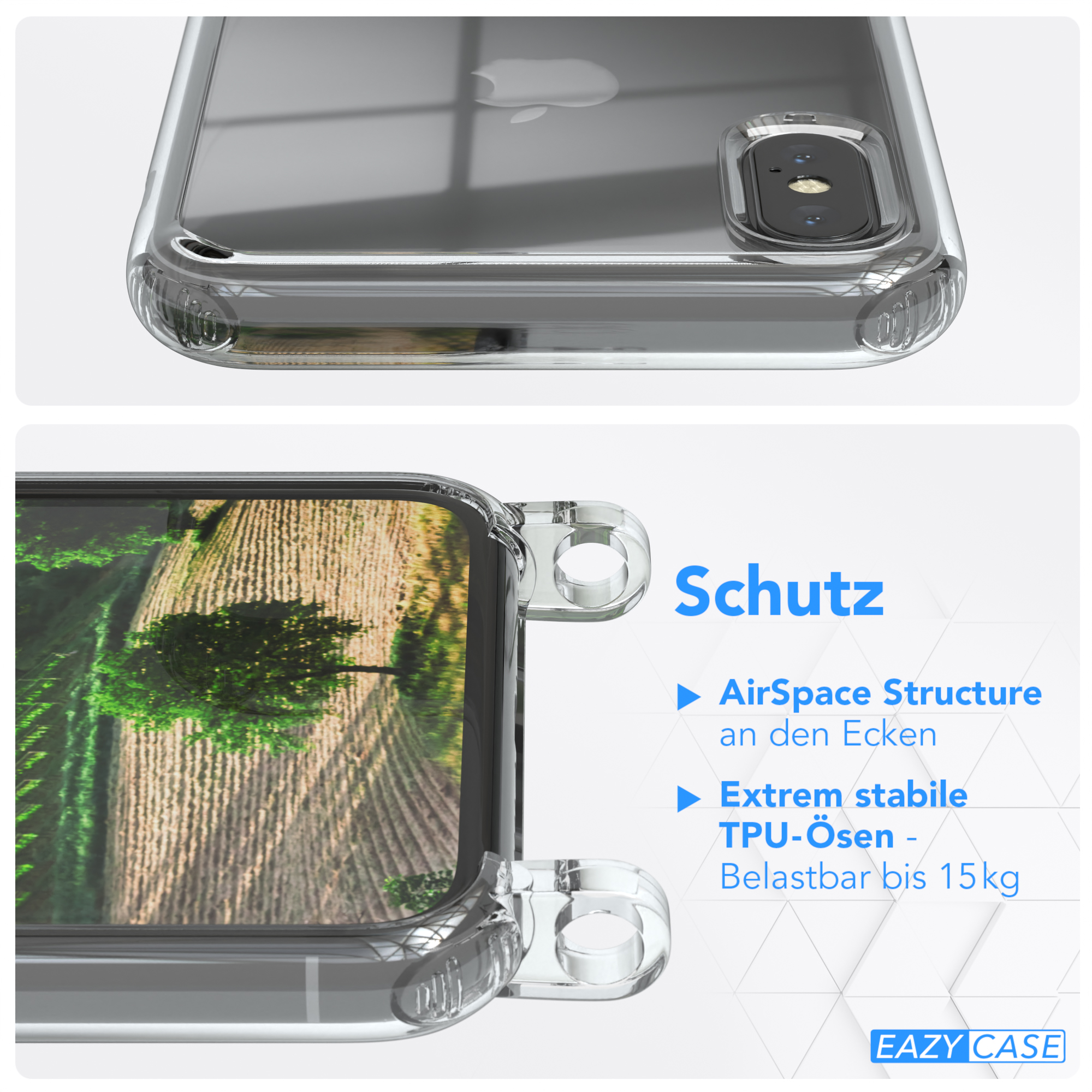 Transparente Handyhülle auf Holzoberfläche. Text über Schutzfunktionen ist sichtbar. Die Hülle ist über einem Handy.