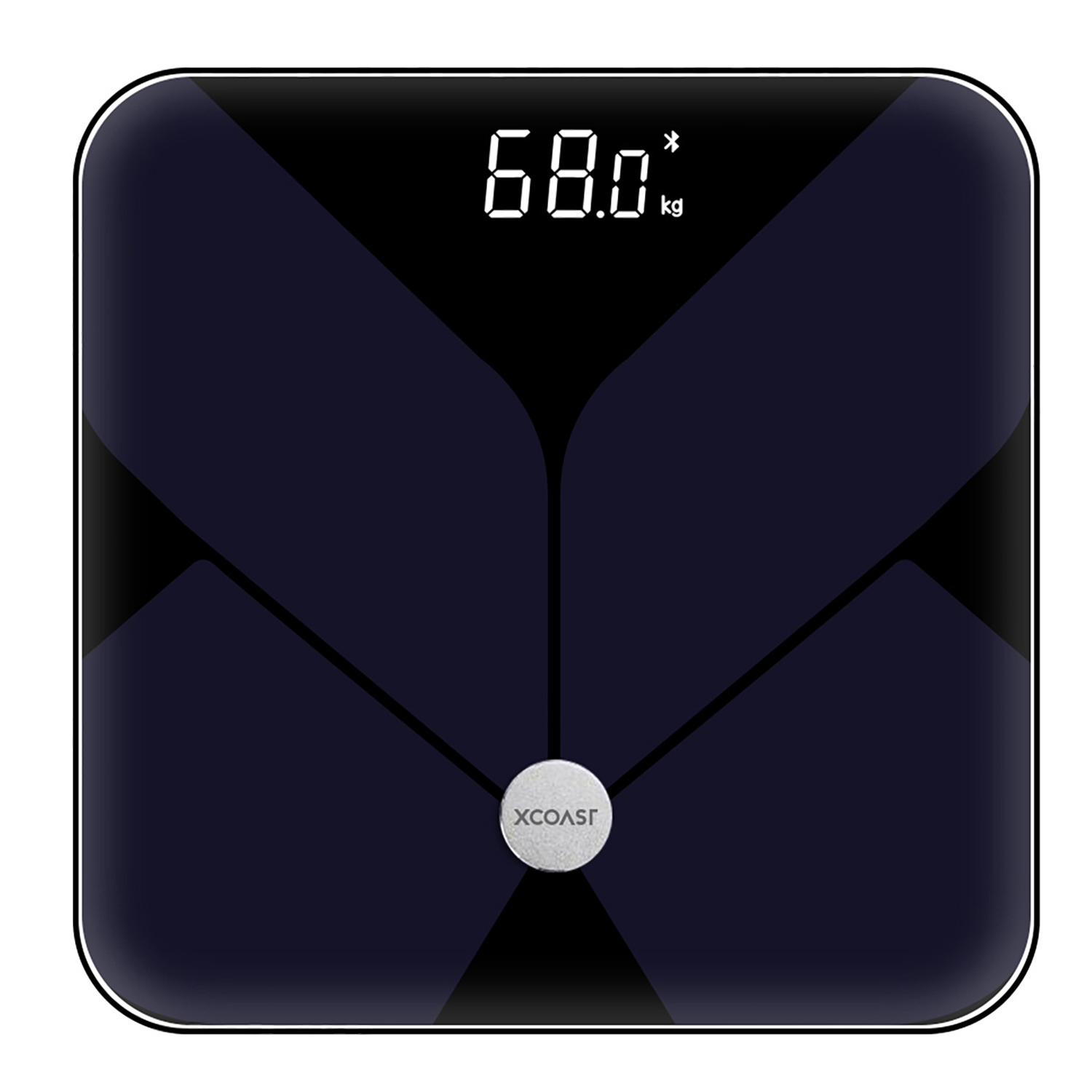Digitale Badezimmerwaage zeigt 68,0 kg. Die Waage ist dunkelblau mit schwarzem Display.