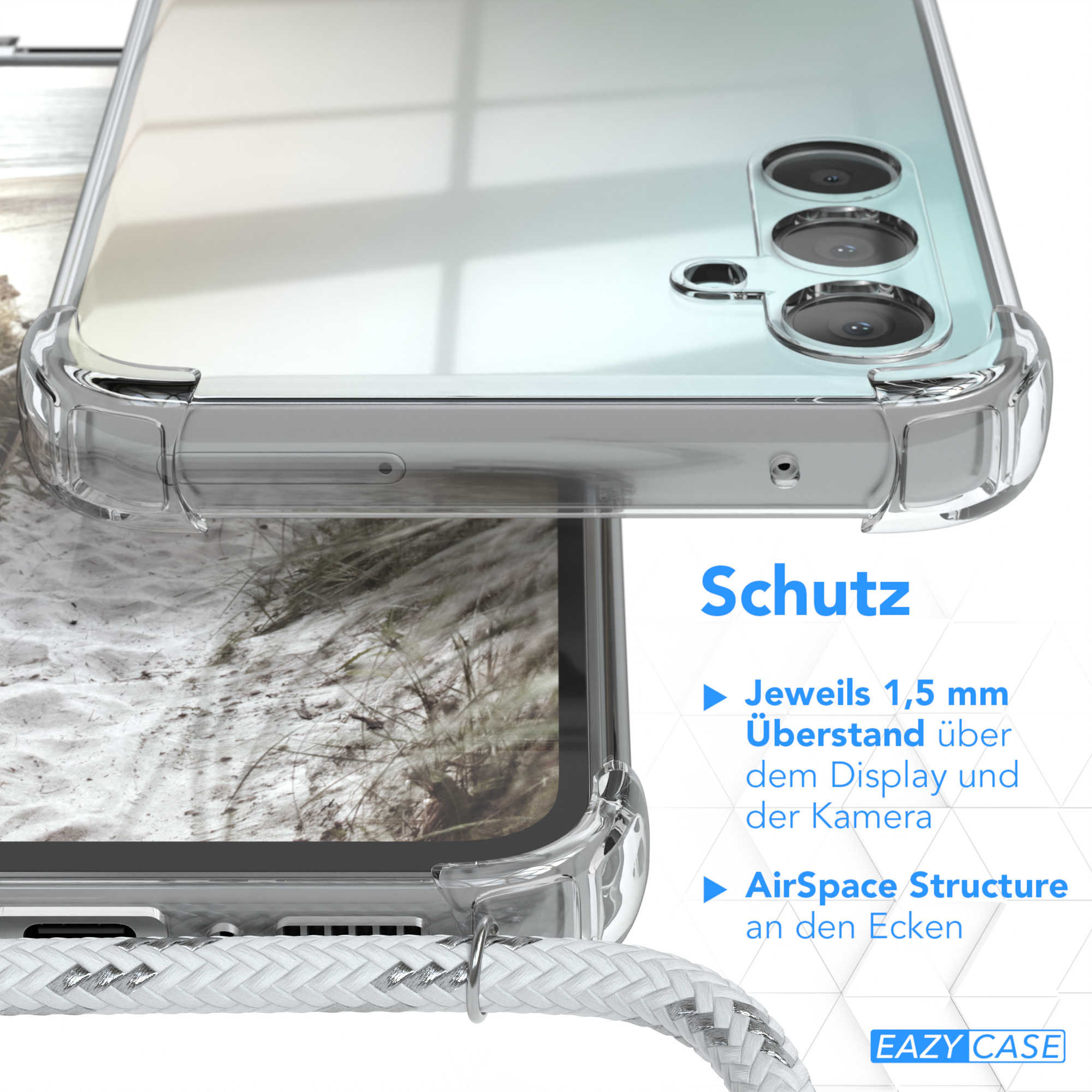 EAZY CASE Clear Cover mit Umhängeband, Weiß A34, Clips / Umhängetasche, Galaxy Silber Samsung