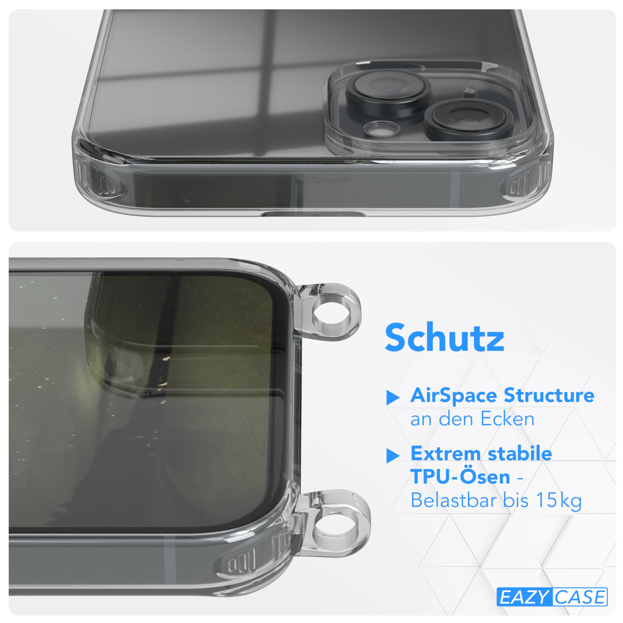 EAZY CASE Clear Cover Grün Plus, Olive Umhängeband, Umhängetasche, 15 Apple, iPhone mit