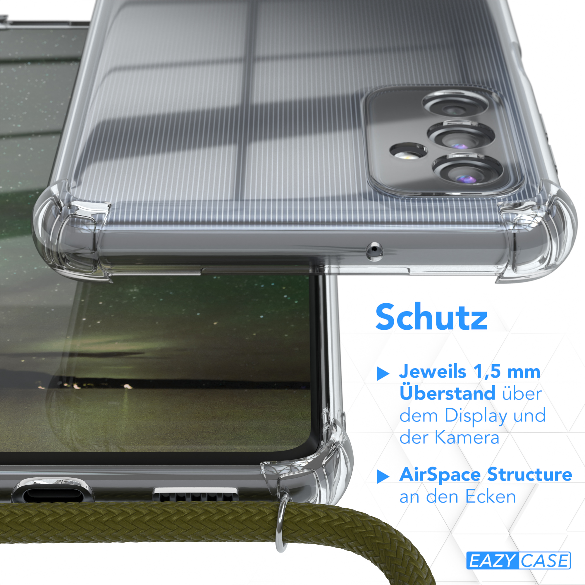 Transparente Handyhülle auf einem Handy. Text auf Deutsch beschreibt Funktionen. Ein grüner Gurt ist verbunden.