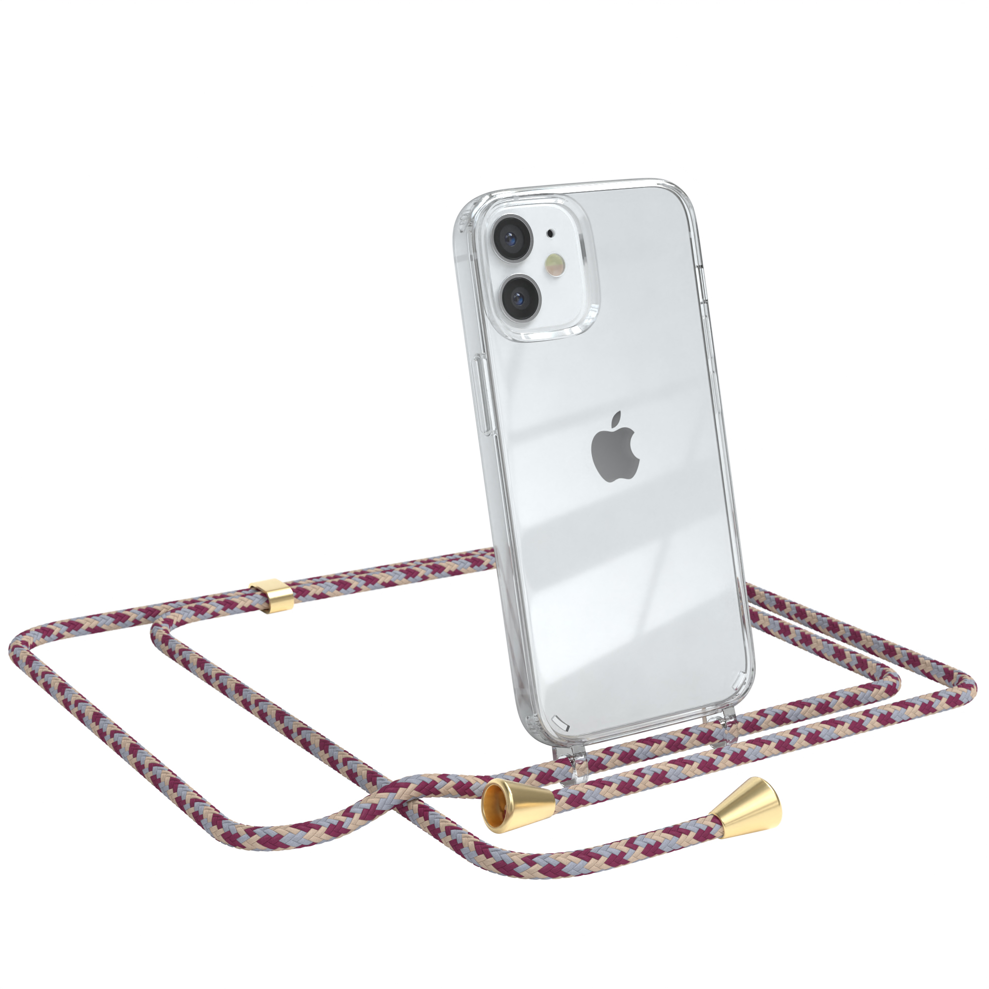 Transparente Handyhülle mit weinrotem und beigem Lanyard. Das Telefon ist ein iPhone.