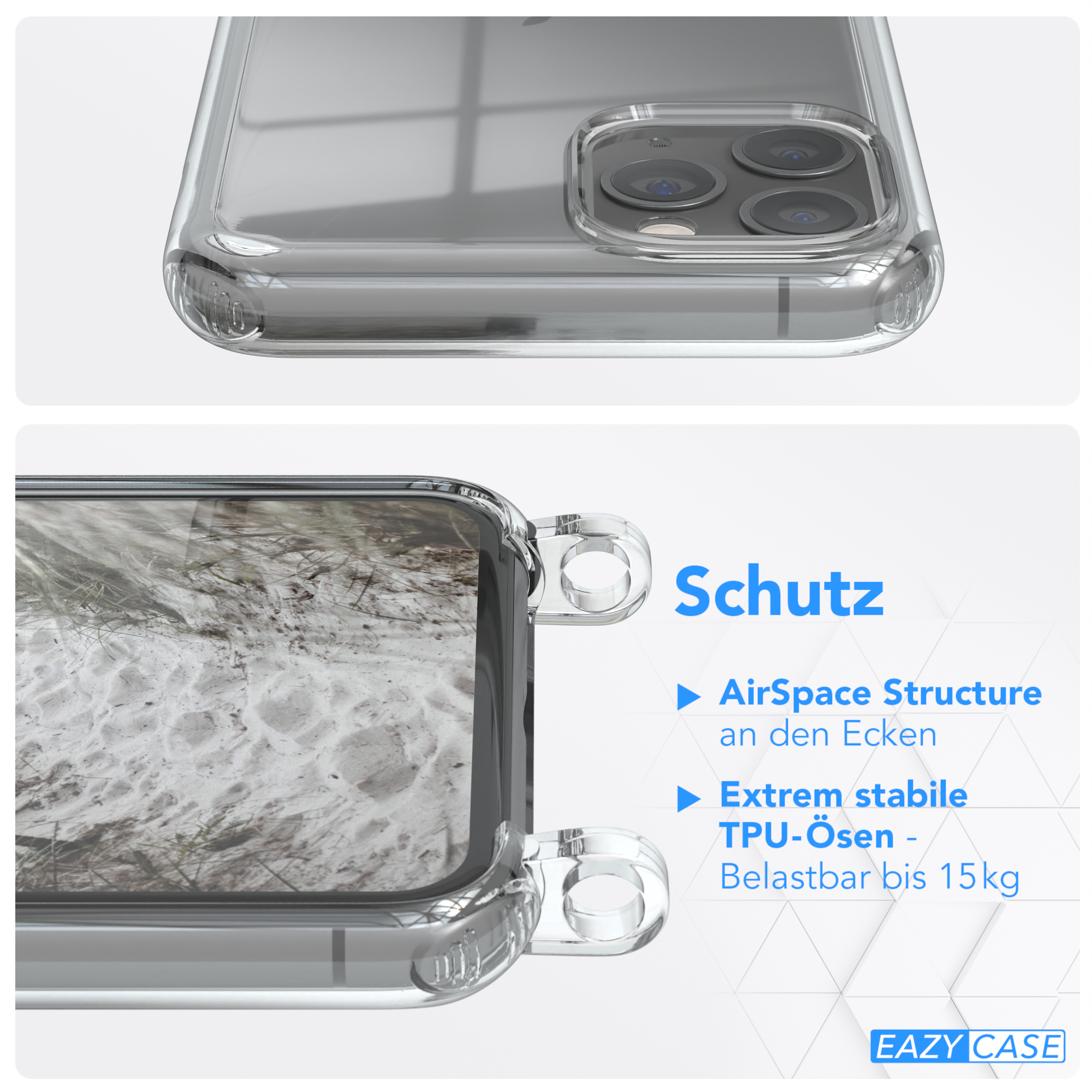 Detail einer transparenten Handyhülle, die Seiten und den Boden zeigend.