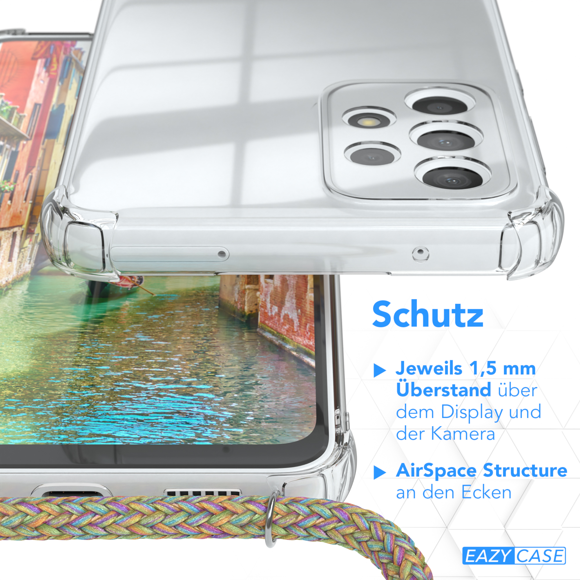 Nahaufnahme einer transparenten Handyhülle. Text liest sich 'Schutz', und Details der Gehäusemerkmale.