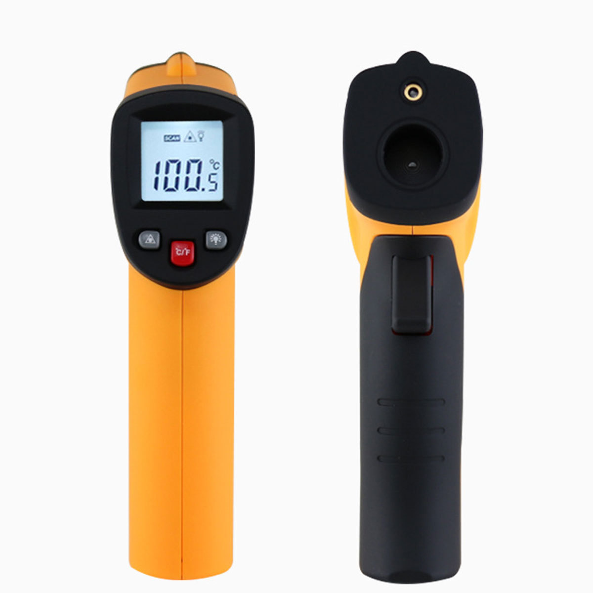 Ein orange-schwarzes Thermometer zeigt einen Wert von 100,5. Es hat ein Display.
