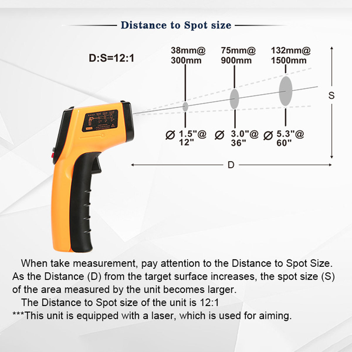 Infrarot-Thermometer mit Laser. Text: Distance to Spot size. Diagramme zeigen Messungen.