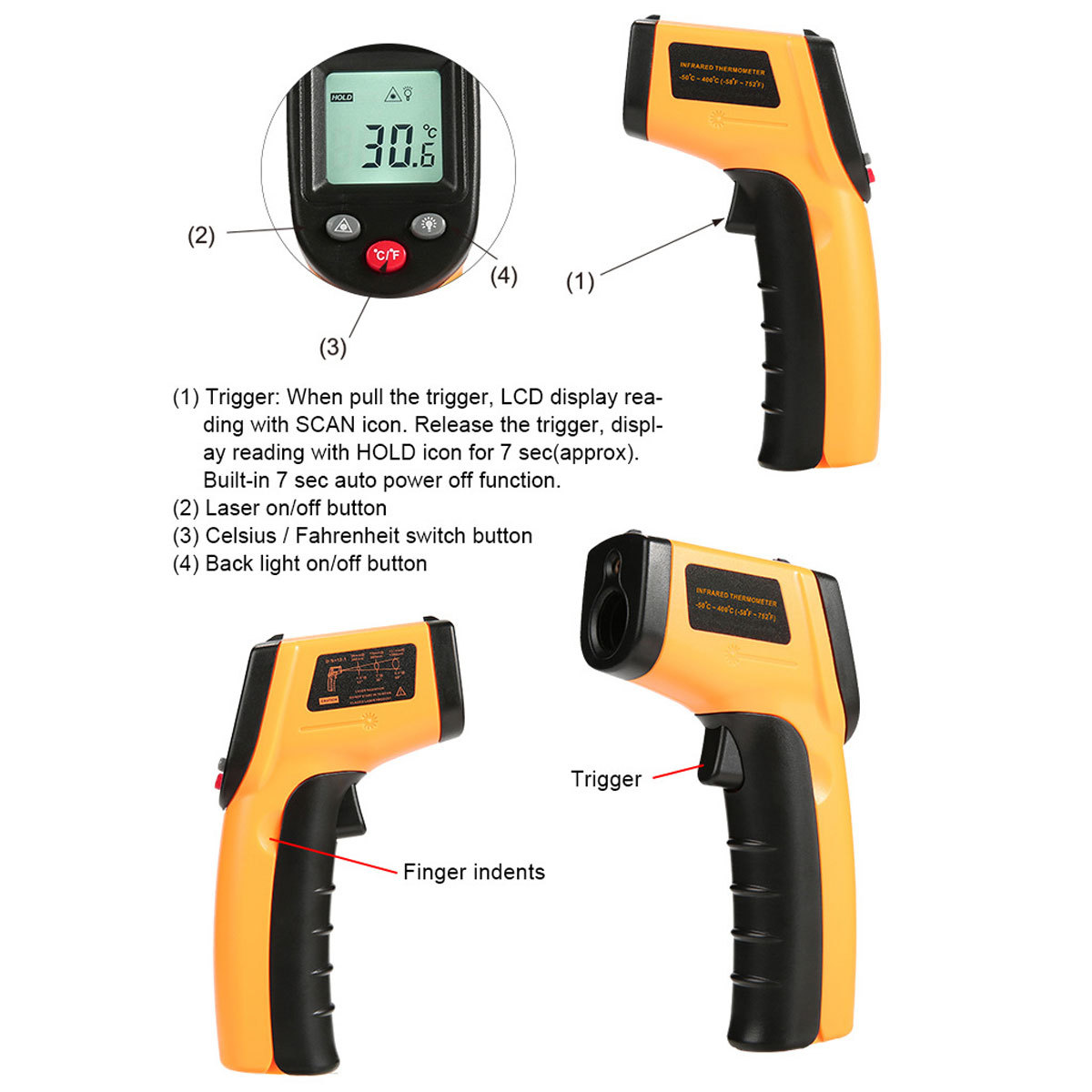 Ein orangefarbenes Infrarot-Thermometer mit schwarzem Griff, das verschiedene Ansichten zeigt. Zahlen und Text werden angezeigt.